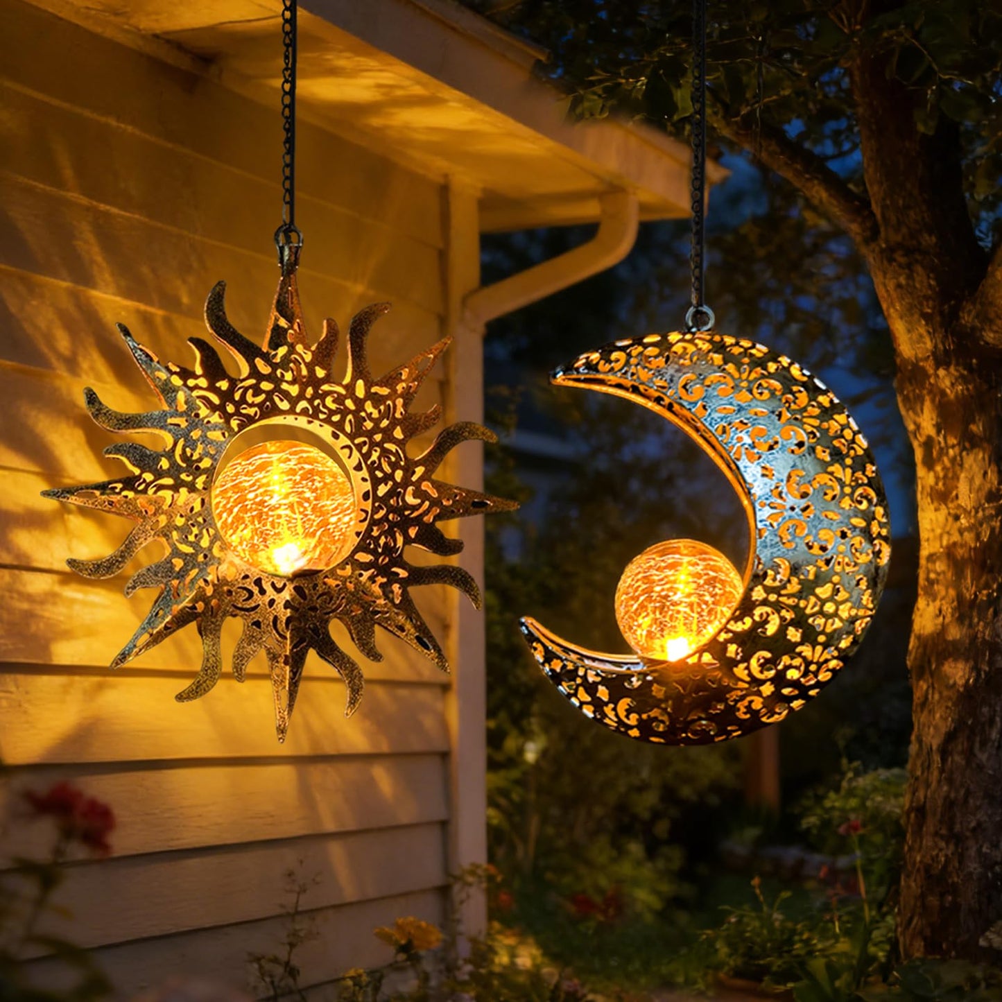 QCF Solar Hanging Sun and Moon Lights Garden Outside Decor,2 Pack Metal Lanterns Outdoor Sunflower Art Decorations for Porch Backyard Patio Wall Tree,Unique Gardening Gifts for Women Mom Grandma