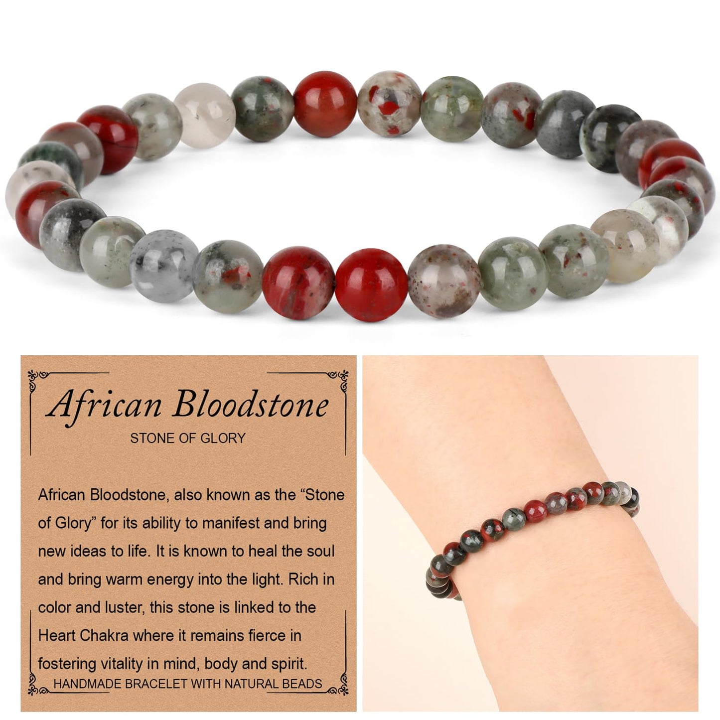 QOGIR African Bloodstone Bracelet - Stone of Glory Bracelet for Men Women - Handmade Natural Gem Stone Beaded Stretch Elastic Healing Bracelets 6mm