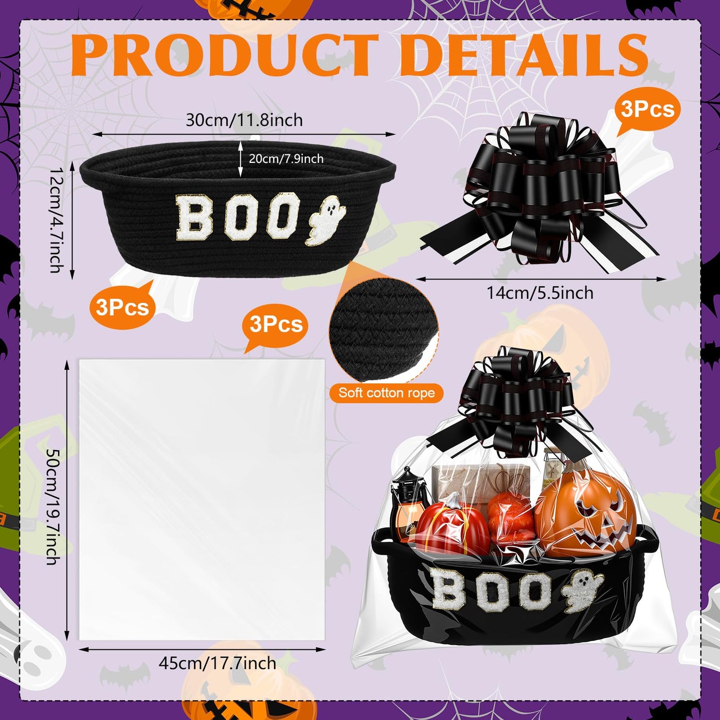 Acellegic 3 Sets Halloween Boo Basket for Gifts with Bows Ribbons Cute Boo Ghost Woven Candy Baskets Trick or Treat Bucket for Halloween Holiday Birthday Treat Wrapping Party Supplies (Black)