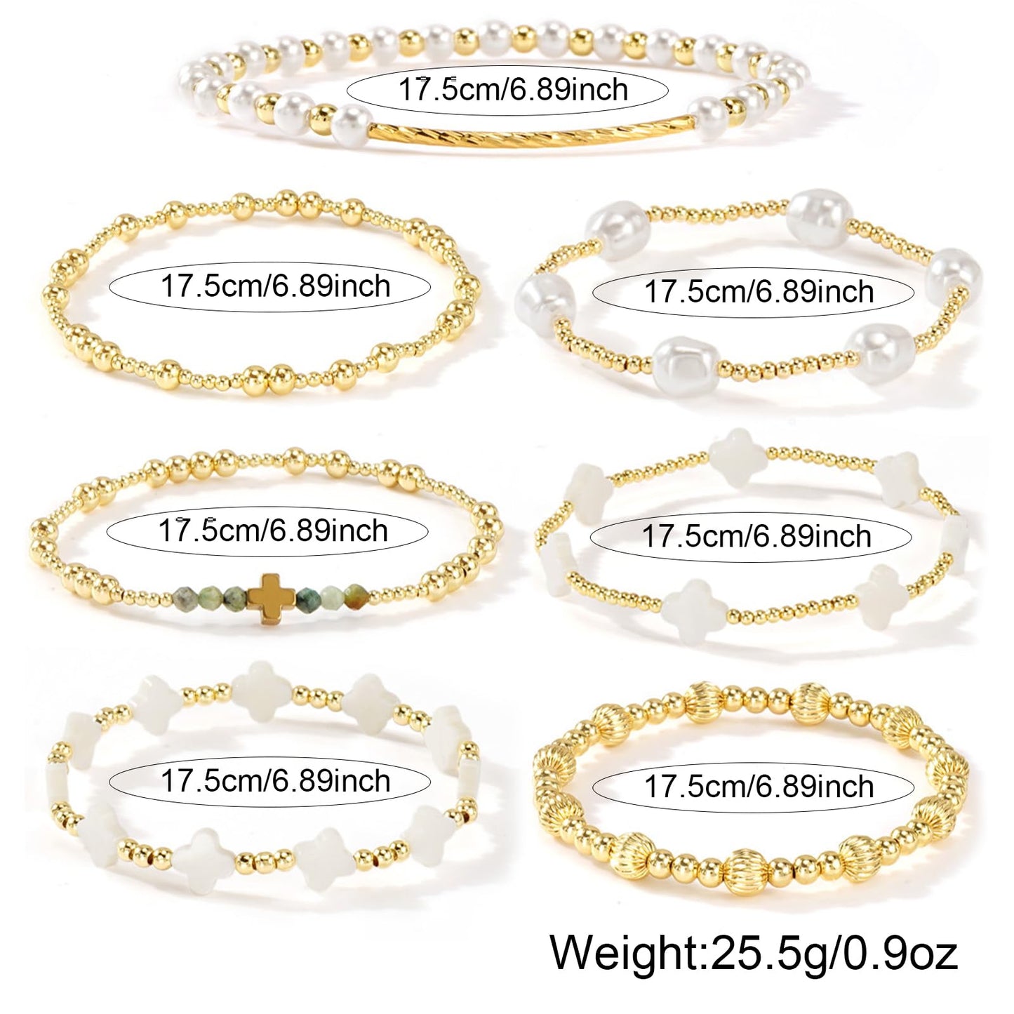 SHINUS BOHO 14K Gold Beaded Cross White Clover Pearl Stackable Bracelets for Women,7PCS Handmade Gold Beads Stretch Bracelets Stack Fashion Holiday Prom Jewelry Accessories Mothers Day Gifts Gift Friendship