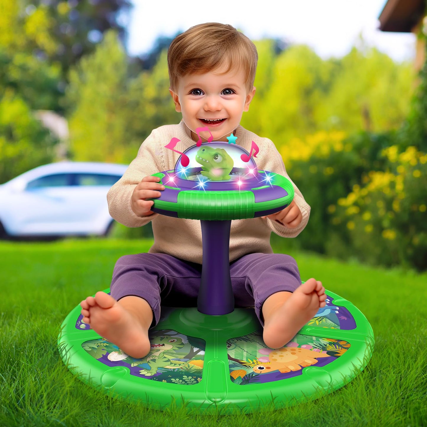 Flooyes Dinosaur Sit and Spin Toys for Toddlers Boys 1 2 3 Years Old, Birthday Gift for Boys Age 2-4 with LED Lights and Music, 360° Spin