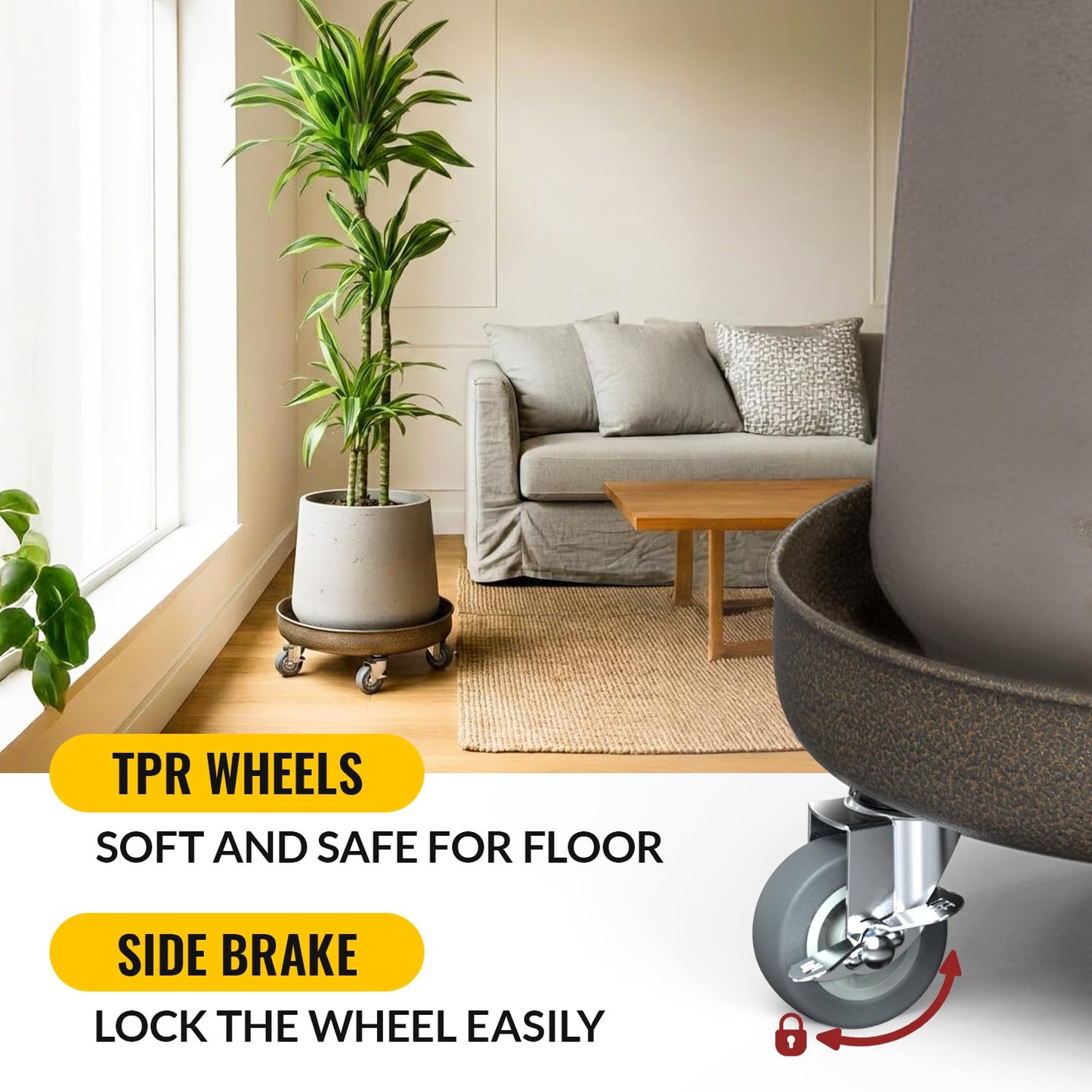 HOLKIE 12" Plant Stand with Wheels - Total Capacity 320 lbs - Rolling Plant Caddy with Brake - Plant Saucer for Indoor&Outdoor - Flower Cart, Rust-Resistant Finish, Easy to Move