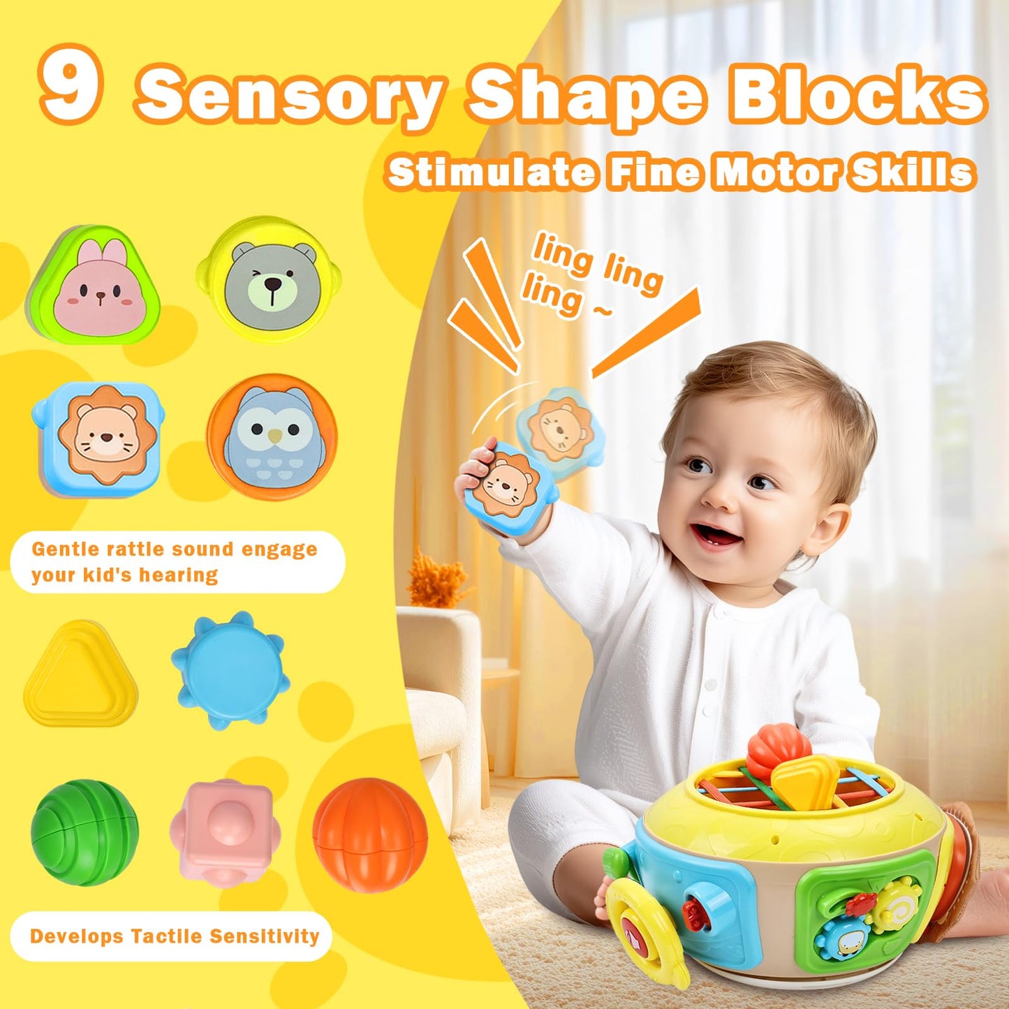 7-in-1 Activity Cube Drum Montessori Toys for Baby 18+ Months, Busy Toys for Toddlers with 9 Sensory Shape Blocks, Music & Light Educational Toys Christmas Birthday Gifts for Kids Boys Girls