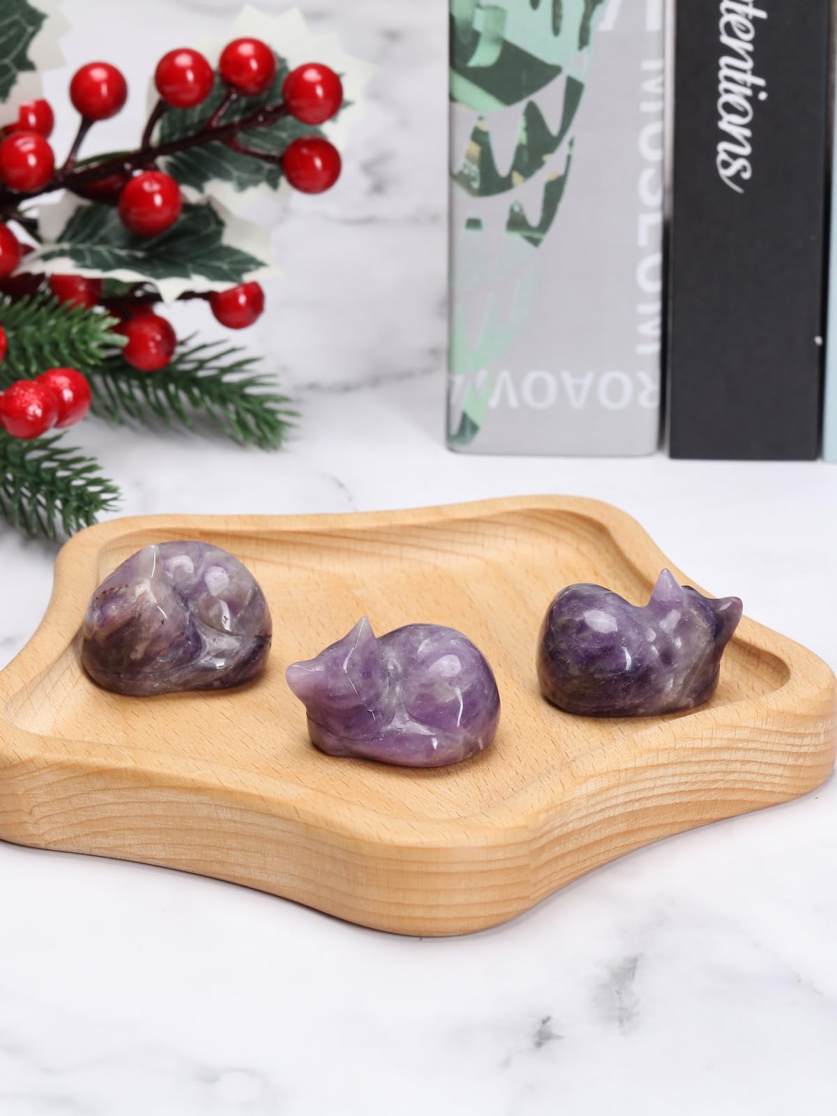 Jovivi Amethyst Sleeping Cat Crystal Figurine, 1.6" Natural Stone Polished Carved Gemstone Lucky Kitten Statue Sculpture for Home Office Desk Decor, Gifts for Women and Cat Lovers