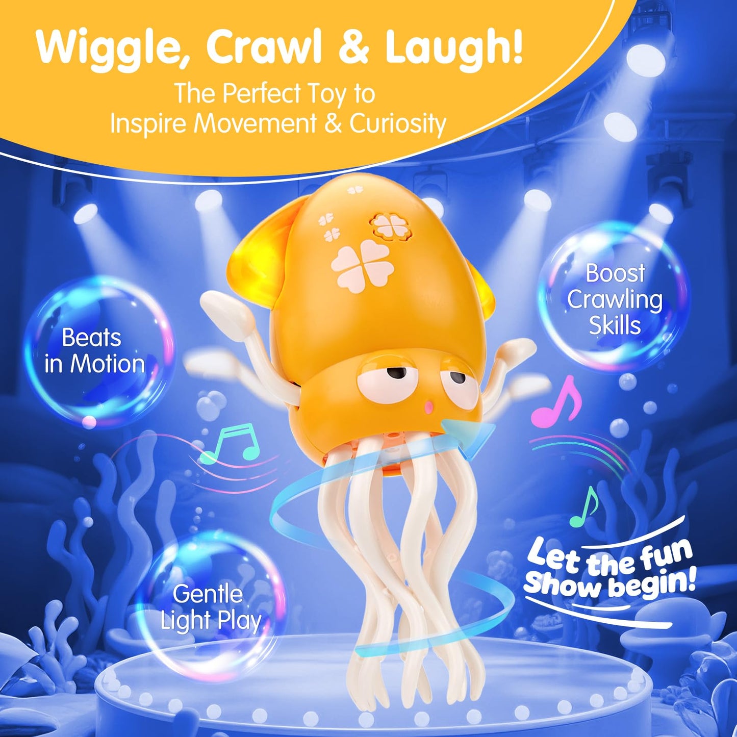 hahaland Dancing Octopus Baby Toys, Magic Musical Crawling Tummy Time Toy, Toddler Sensory Toys for 3 4 5 6 Year Old Boy Girl Birthday Gifts, Funny Squid with Led Light & Music