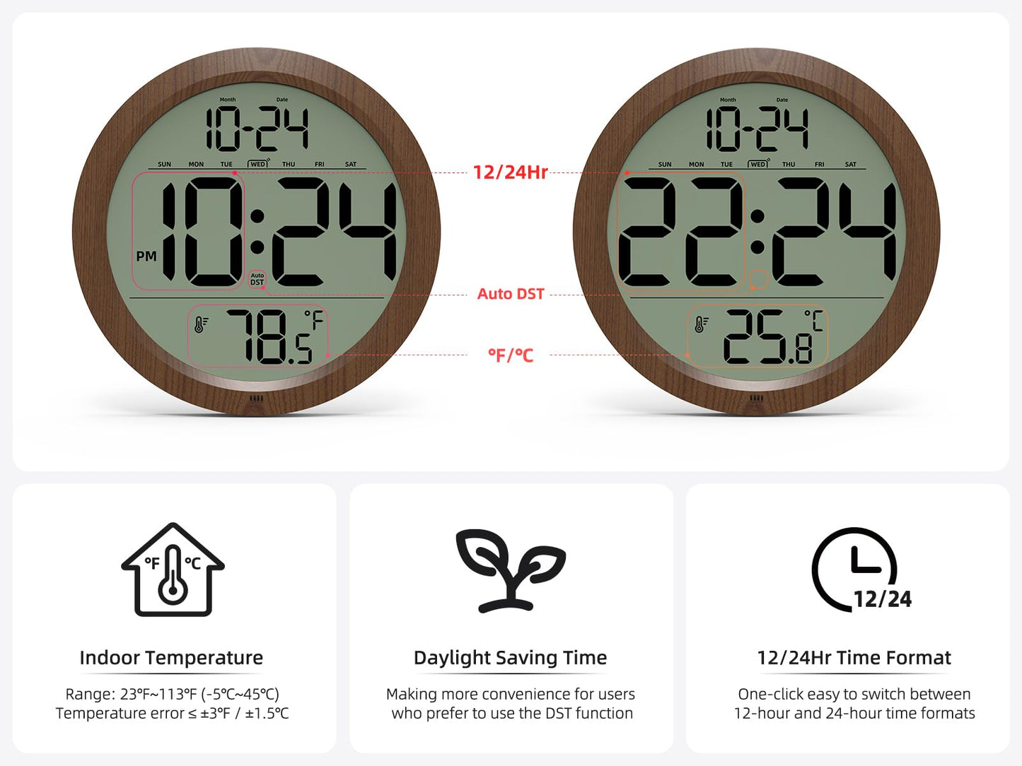 Digital Wall Clock with Date, Indoor Temperature, Auto-DST, Battery-Operated Digital Clock, 8 Inch Small Decorative Wood Wall Clock for Bedroom, Living Room, Kitchen, Office, Modern, Electric, Simple