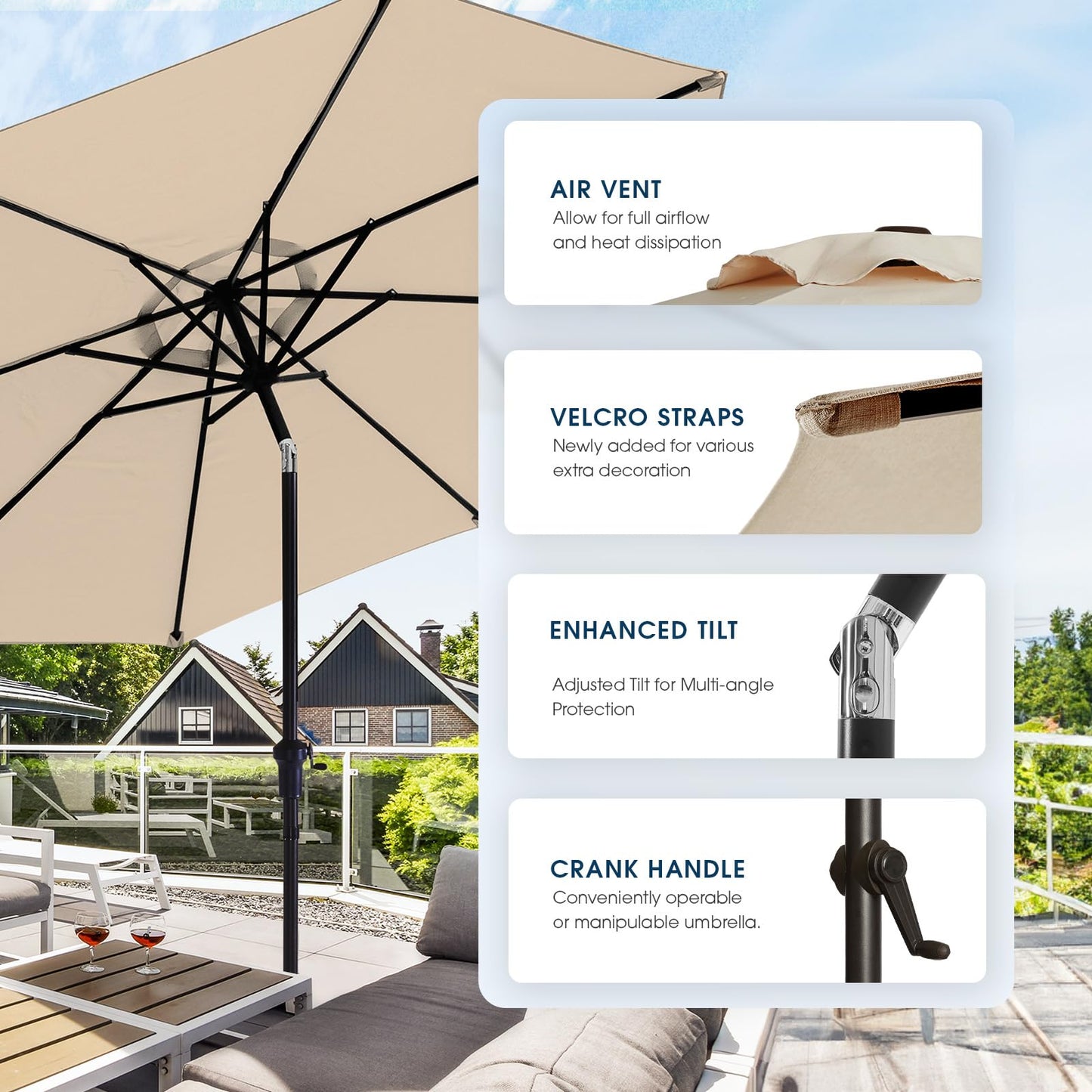 wikiwiki 9FT Patio Umbrella with Base, Outdoor Umbrellas with Base Included, 8 Sturdy Ribs, Waterproof Fade Resistant POLYESTER DTY Canopy for Deck, Lawn, Garden, Backyard & Pool, Beige