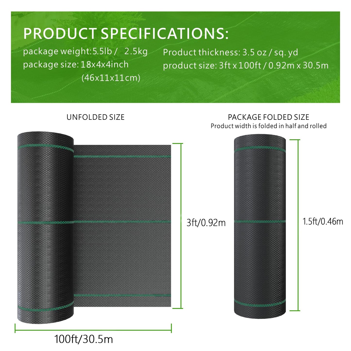 mychoiii 3ft x 100ft Weed Barrier Landscape Fabric, 3.5oz Heavy Duty Woven Ground Cover, 600lbs Tensile Strength Weed Block Cloth for Garden Bed, Driveway, Landscaping - UV Resistant