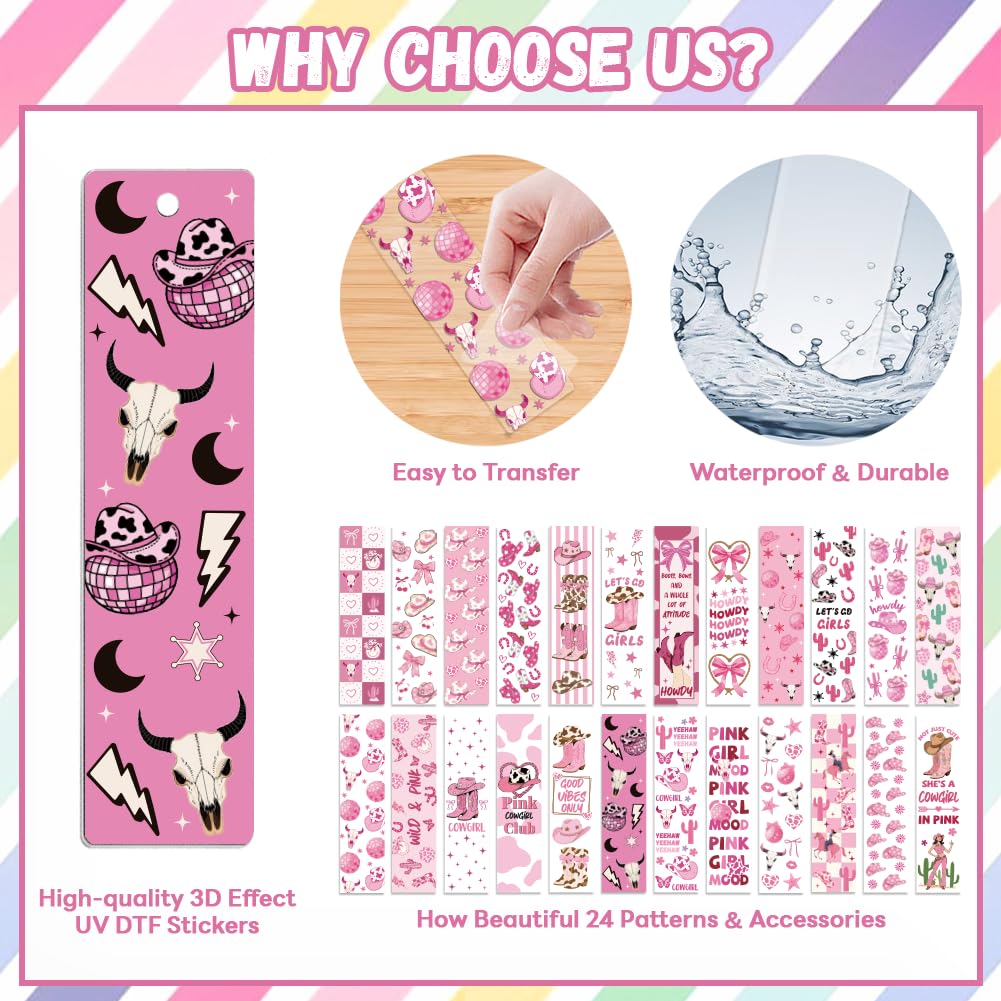 Peacoblue 121pcs Pink Cowgirl UV DTF Acrylic Bookmark Making Kits Carft for Women Men Adult, DIY Cute Bookmarker Decal Stickers Warps Kit for Students Teachers Book Lovers Reading