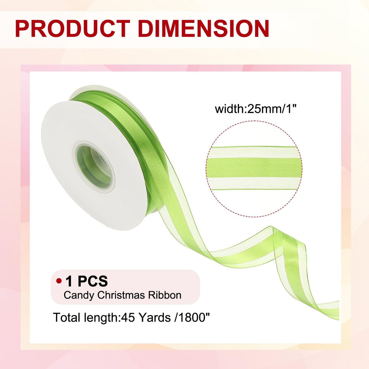 PATIKIL 50 Yards x 1" Organza Chiffon Ribbon, Green Candy Satin Striped Sheer Craft Ribbons for Bows Making, Gift Wrapping, Wreath, Birthday Wedding Festival Decoration