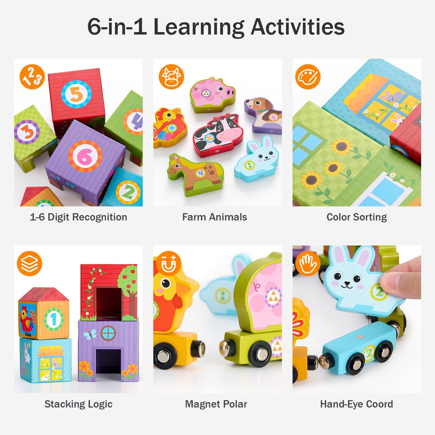 Atoylink Stacking Blocks Nesting Toys with Magnetic Animal Train, 6 Farm Cubes Number Learning Set for Toddlers 18M-6Y, Montessori Educational Counting Toy for Boys Girls, Safe Non-Toxic Kids Gift