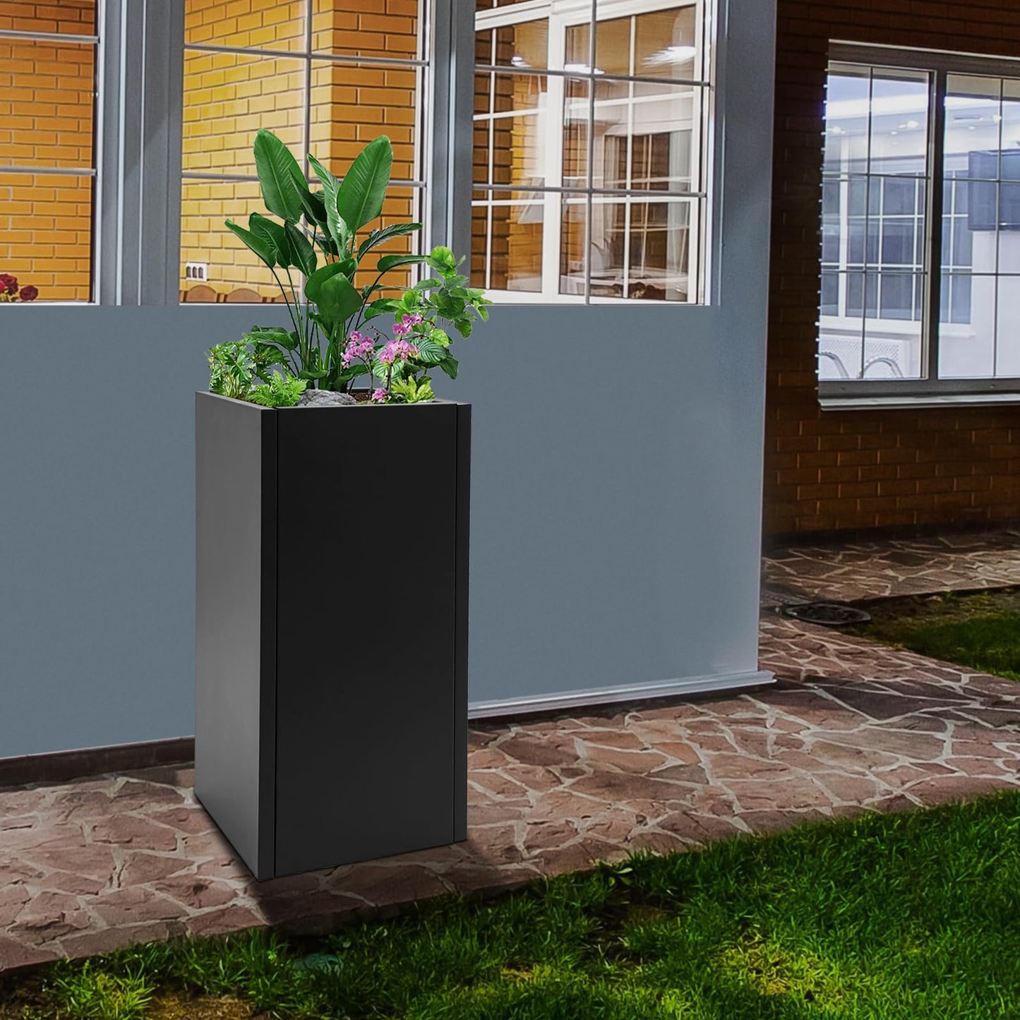 WUSILILU Tall Outdoor/Indoor Metal Planter Box with Drainage Hole, 14 * 14 * 30in Heavy Rectangular Large Flowerpot Stand for Garden, Halls, Patio, Pool Area, Balcony, Entrance, Front Porch (Black)
