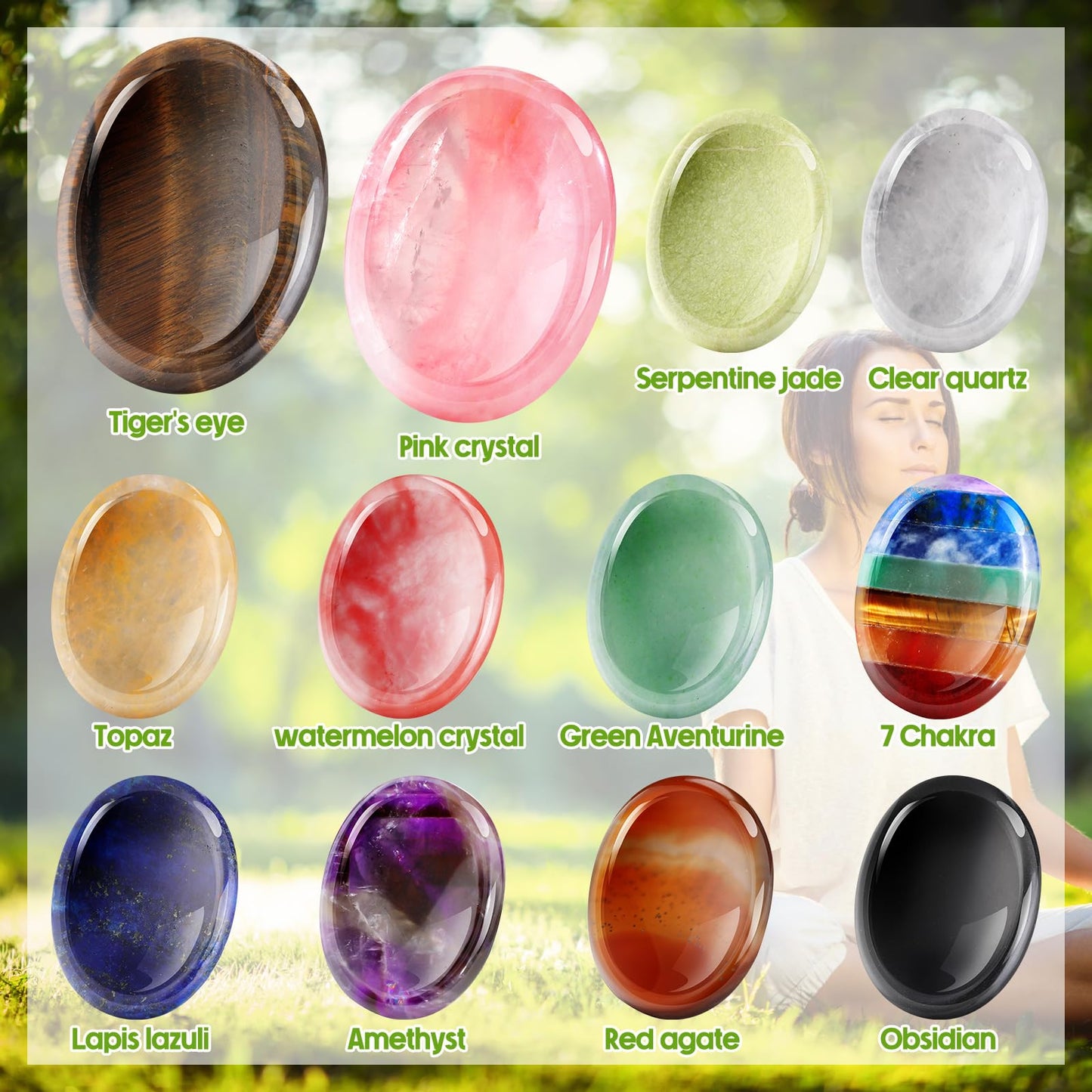 Fumete 12 Pcs Thumb Worry Stone for Anxiety Chakra Crystals Oval Chakra Stones Amethyst Tigers Eye Crystal for Anxiety Stress Relief Meditation Valentines Easter Gift Office Stress (Classic Set)