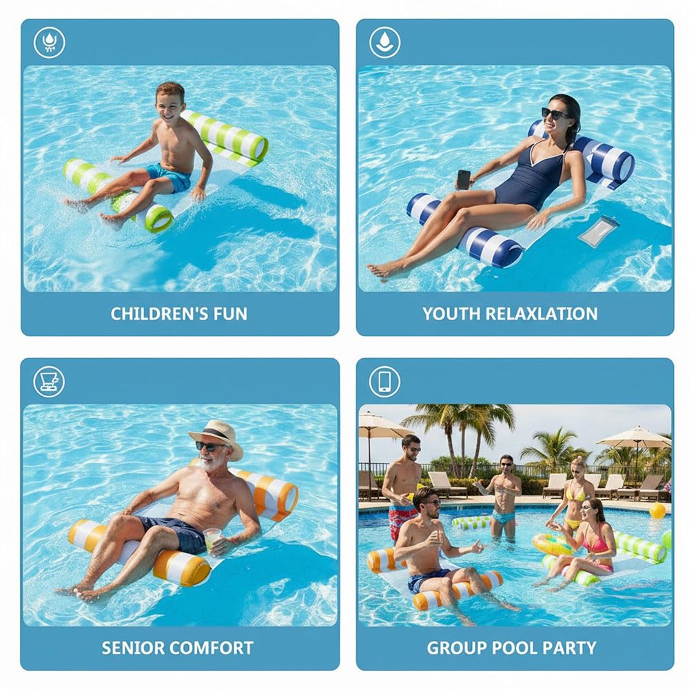 8 Pack Pool Hammock Upgrated Water Pool Floats, 4-in-1 (Hammock, Saddle, Lounge Chair, Drifter) Multi-Purpose Water Pool Float, Non-Stick PVC Material