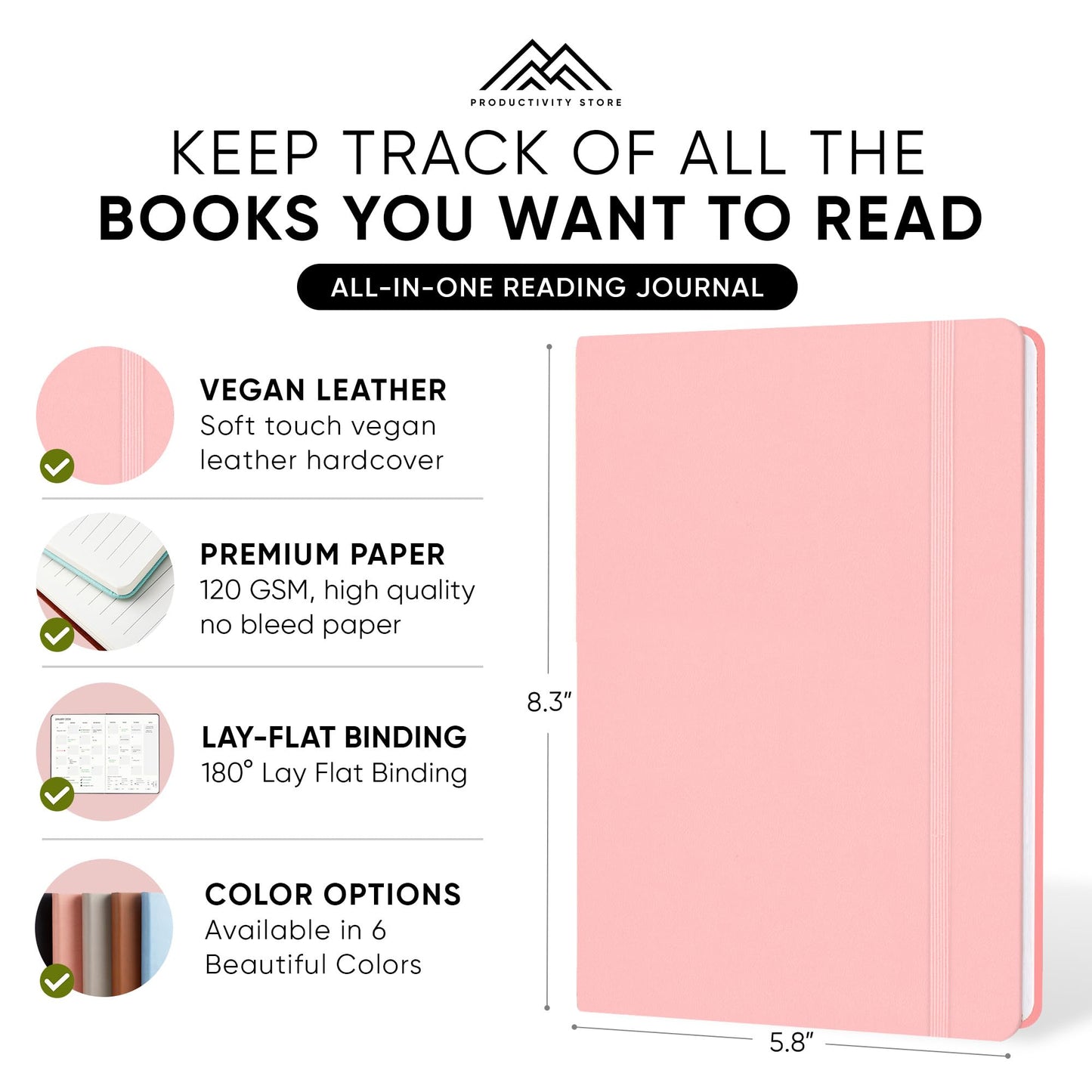 Reading Journal, Book Journal & Book Tracker - Best Gifts For Book Lovers & Gifts For Readers - 65 Book Reviews - A5, 5.8” x 8.3 - Pink - Productivity Store