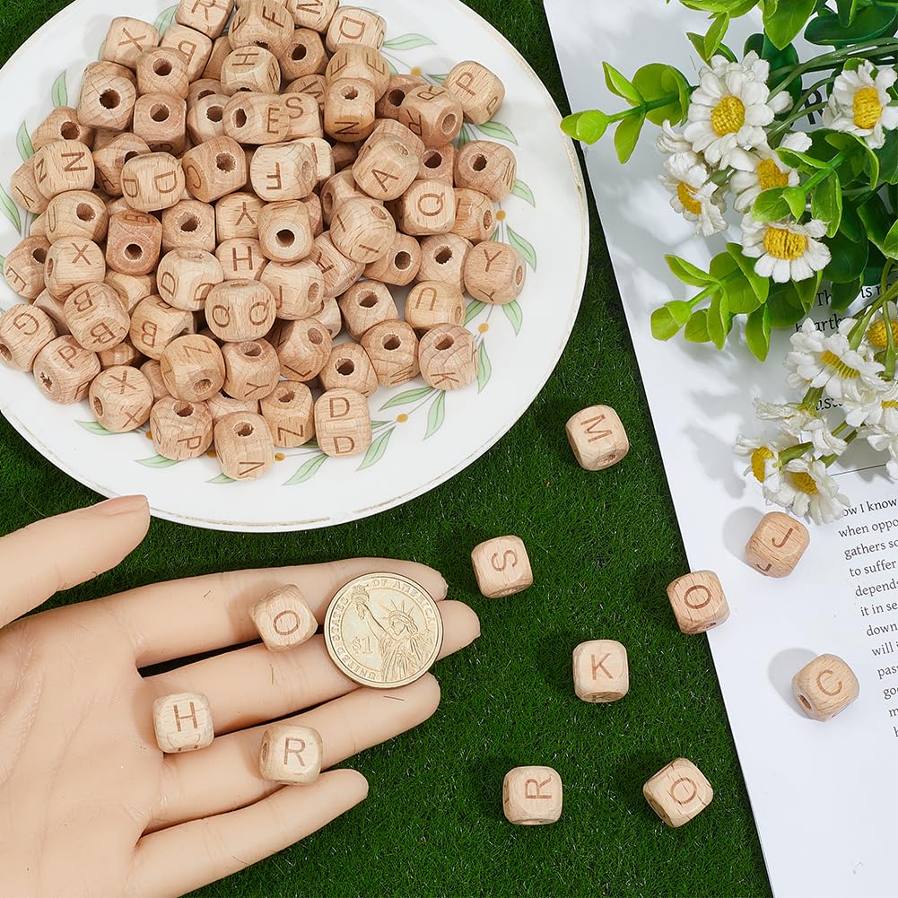 SUNNYCLUE 156Pcs 26 Styles Cube Wood Letter Beads Wooden Bead Alphabet 12mm Square Shape Initial A-Z Charms with 4.5mm Large Hole Loose Spacers for Jewelry Making Beading DIY Crafts Bracelet Earrings
