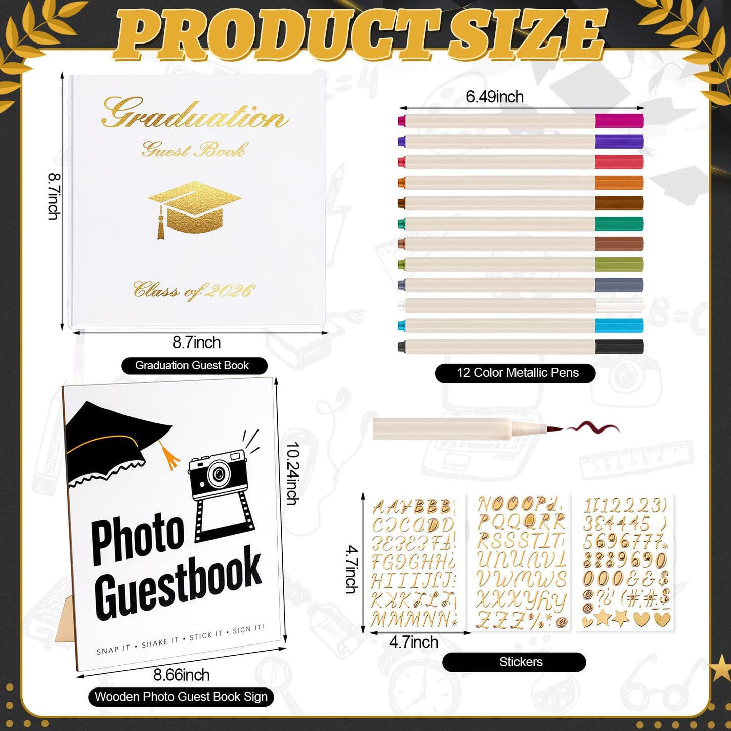 LawnIdyll 2026 Graduation Guest Book with Photo Sign Metallic Pens Stickers 144 Pages Class of 2026 Scrapbook Album Gift Memory Book for High School College Graduation Party Supplies (White)