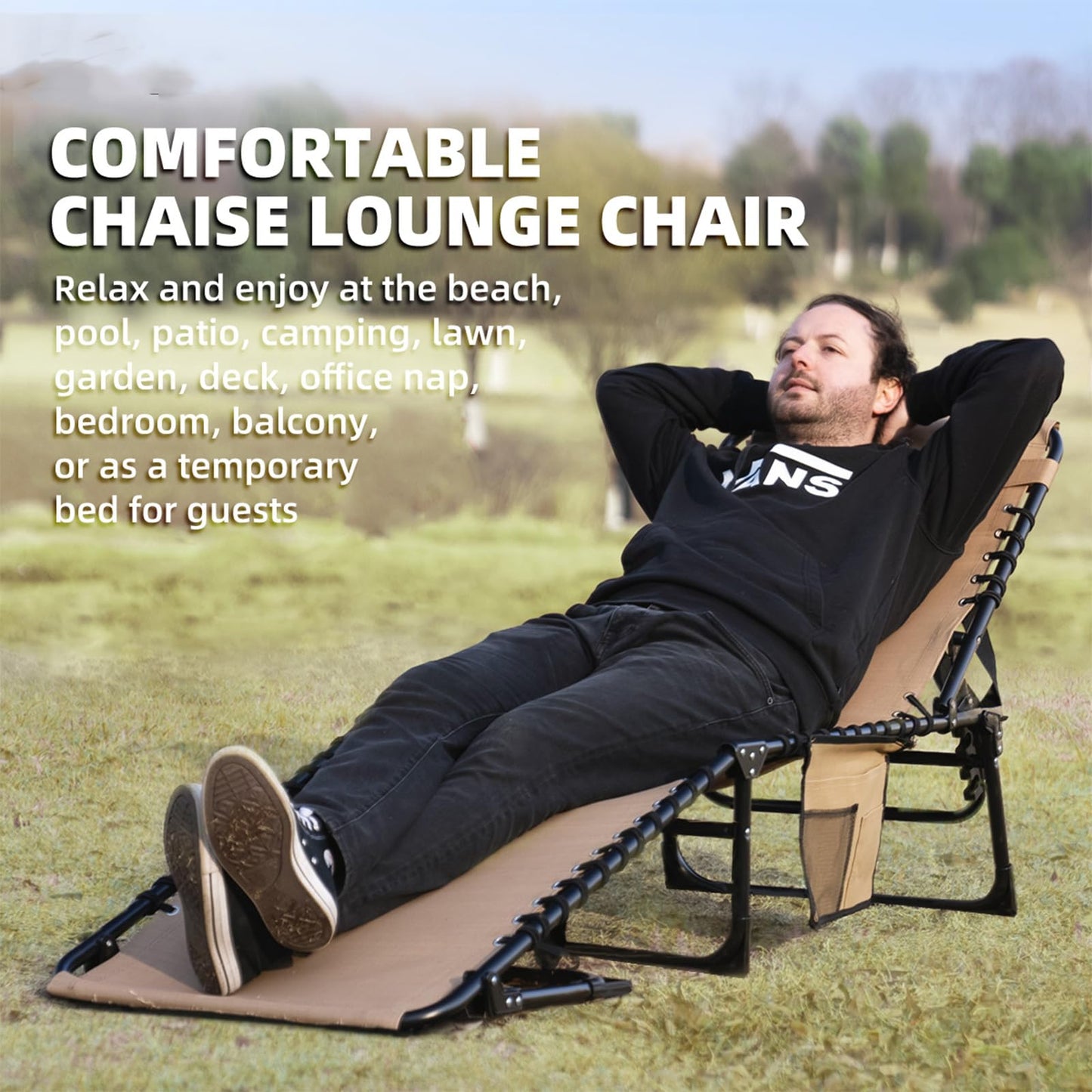 Foristrail Folding Chaise Lounge Chair Bed - Heavy-Duty 400lb Capacity Portable Adjustable Recliner w/Pillow for Patio, Pool, Camping, Sunbathing - Lay Flat Design (Beige)