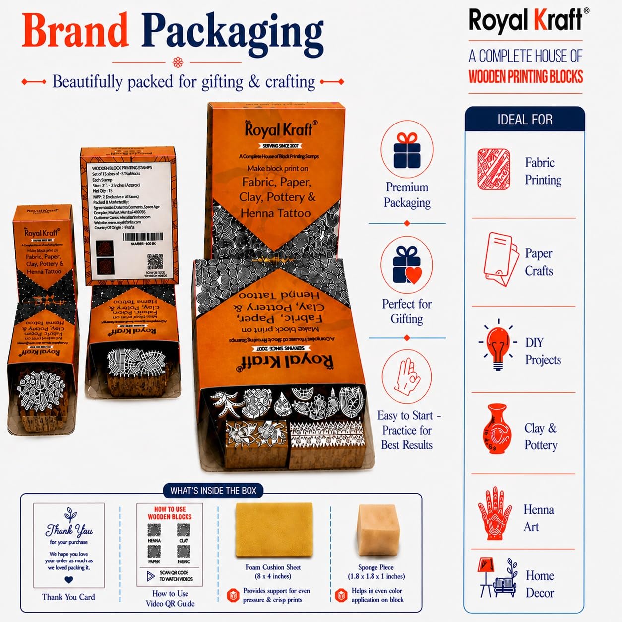 Royal Kraft Wooden Stamps for Block Printing on Saree Border, Textile, Clay, Pottery, Tattoo (Set of 10) MXtag0008