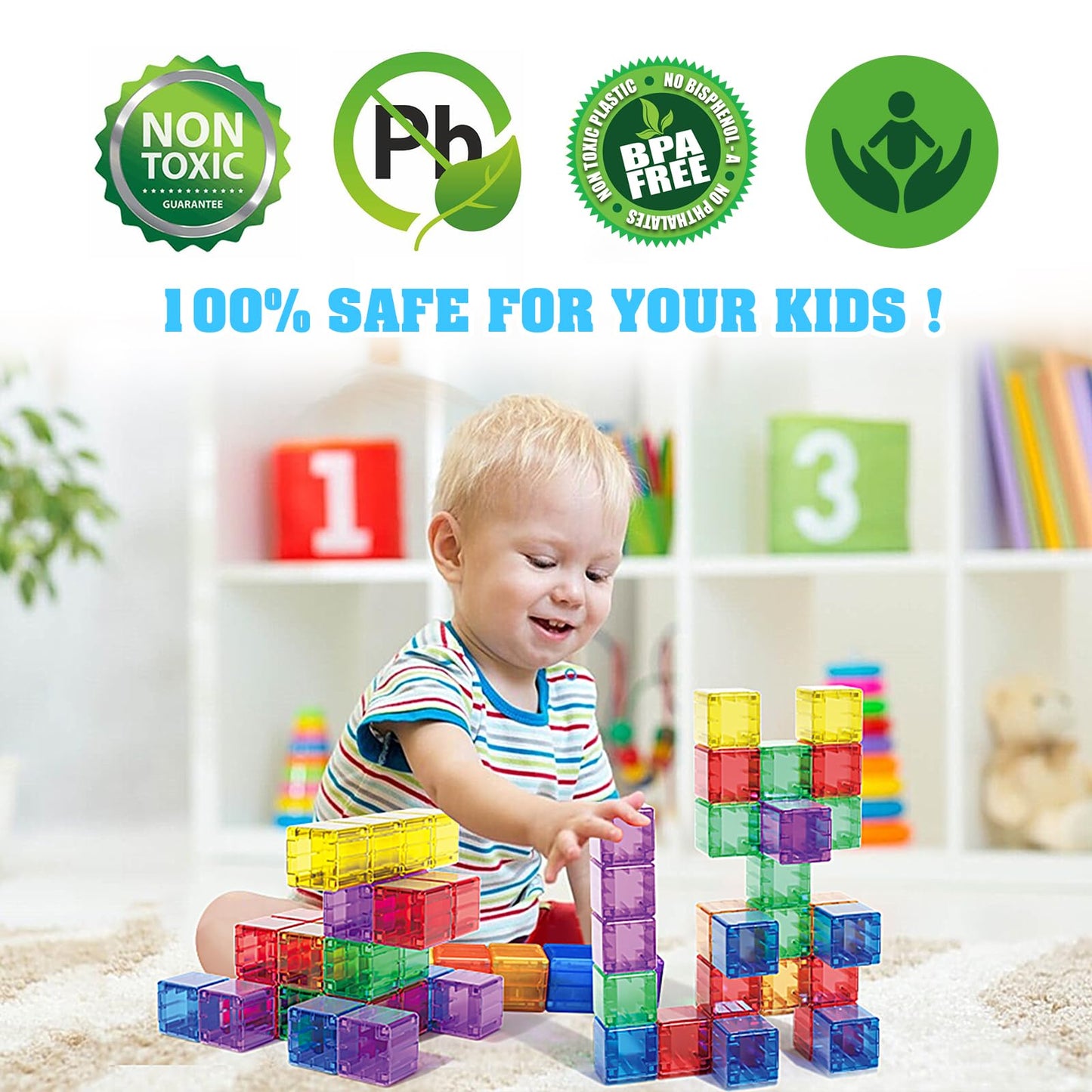 Caferria 1.4 inch Large Magnetic Blocks for Kids, 30pcs Magnet Building Blocks, Preschool STEM Sensory Montessori Stacking Cubes Educational Building Toys for 3 4 5 6 7 8 Year Old Boys Girls