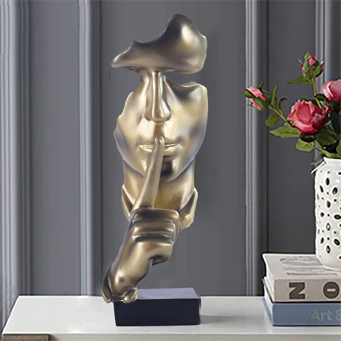 aboxoo Thinker Statue, Silence is Gold Abstract Art Figurine,Modern Home Resin Sculptures Decorative Objects,Table Top Decor for Livingroom Home Decor,Office Study Sculpture,Shh mask Statue(Gold)