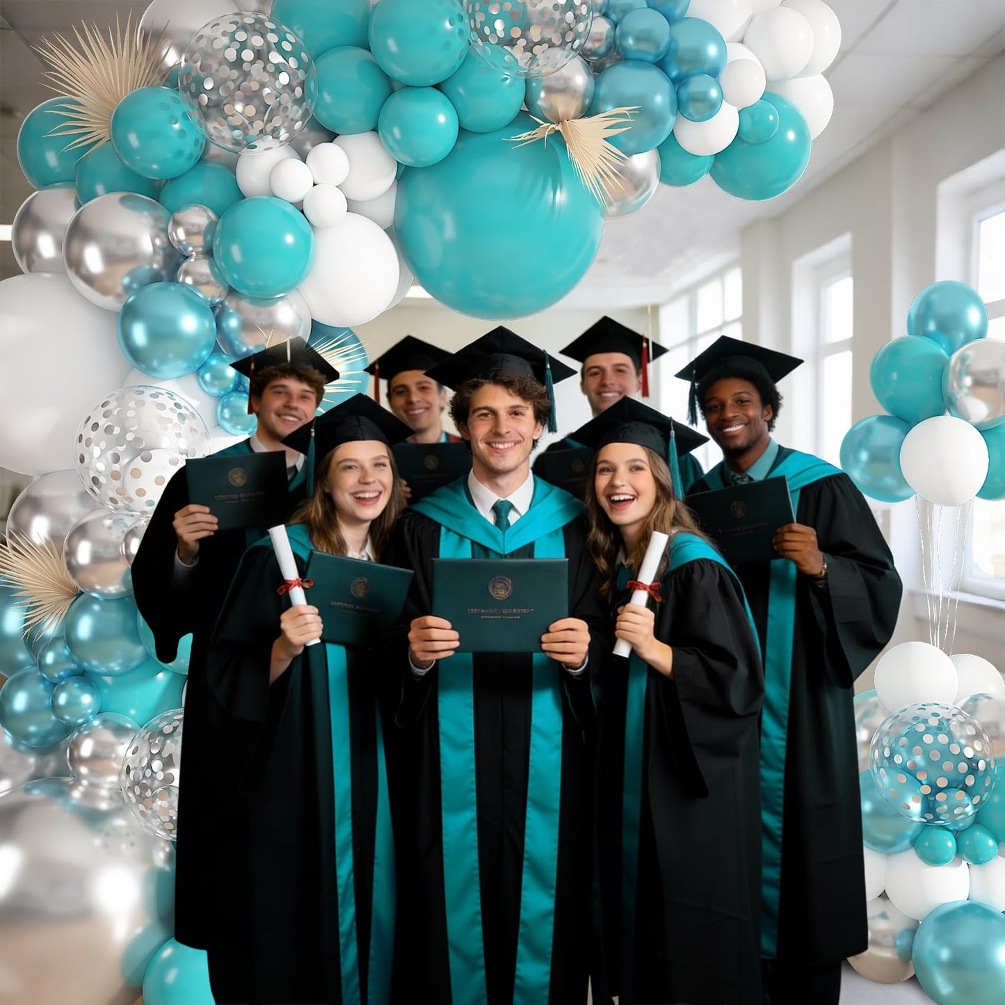 Ouddy Life Teal Silver White Balloons Arch Kit, 152 Pcs Turquoise Blue White Metallic Teal Silver Confetti Balloon for Graduation Wedding Bridal Baby Shower Birthday Anniversary Party Decorations