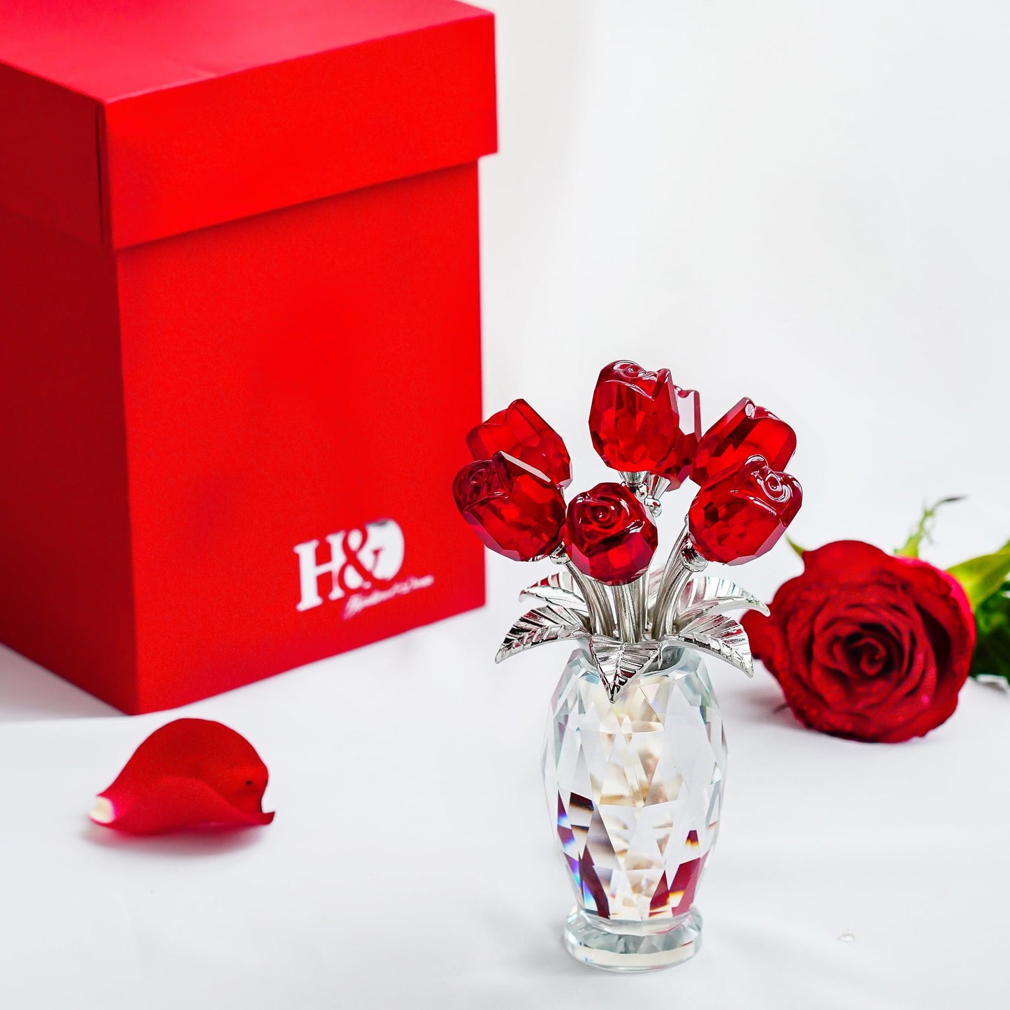 H&D HYALINE & DORA Crystal Rose Flower Figurine,Glass Flower Bouquet Ornament,Glass Rose Gift for Christmas Mother's Day Valentine's Wedding Party