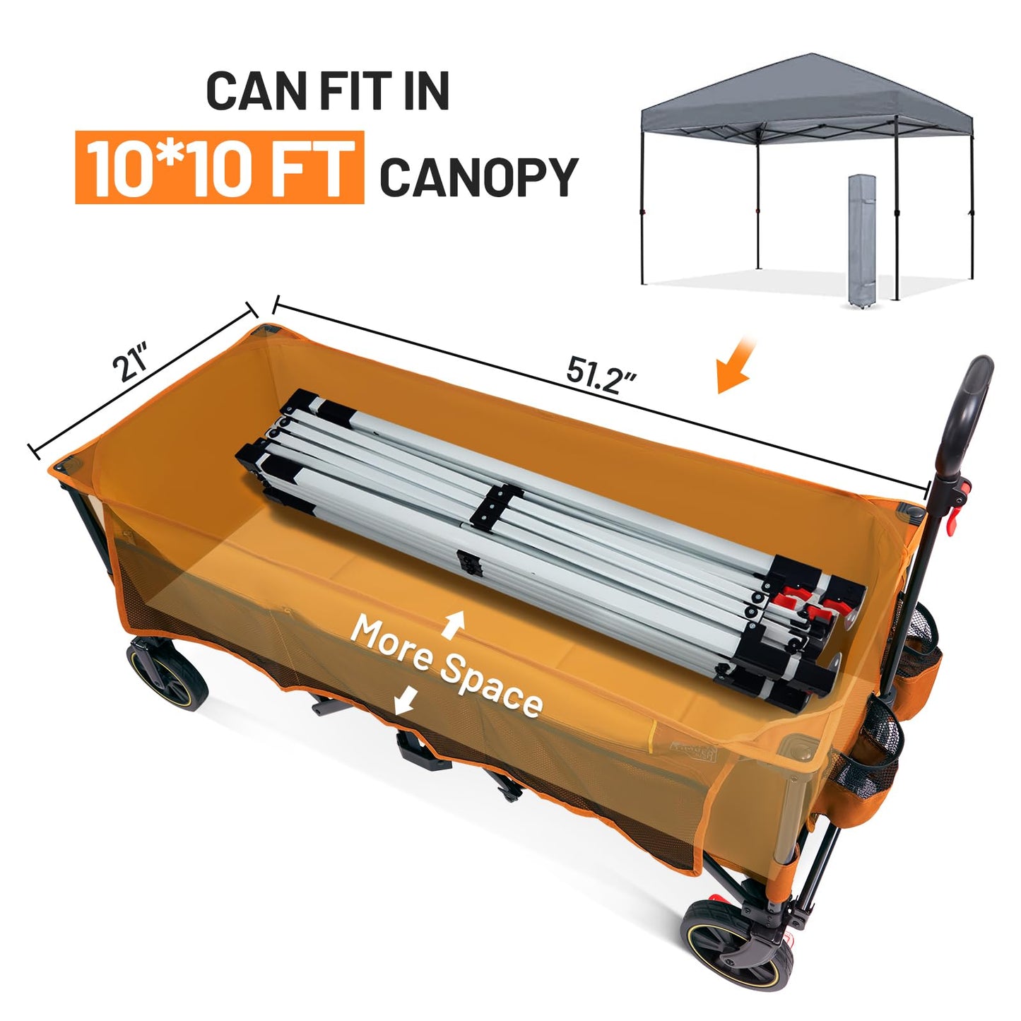 Timber Ridge 51.2'' Extended Collapsible Wagon Cart with Brakes and Cargo Net, 500LBS Heavy Duty Foldable Utility Wagon with Adjustable Handle, 400L Capacity Portable Cart for Camping Sports, Orange