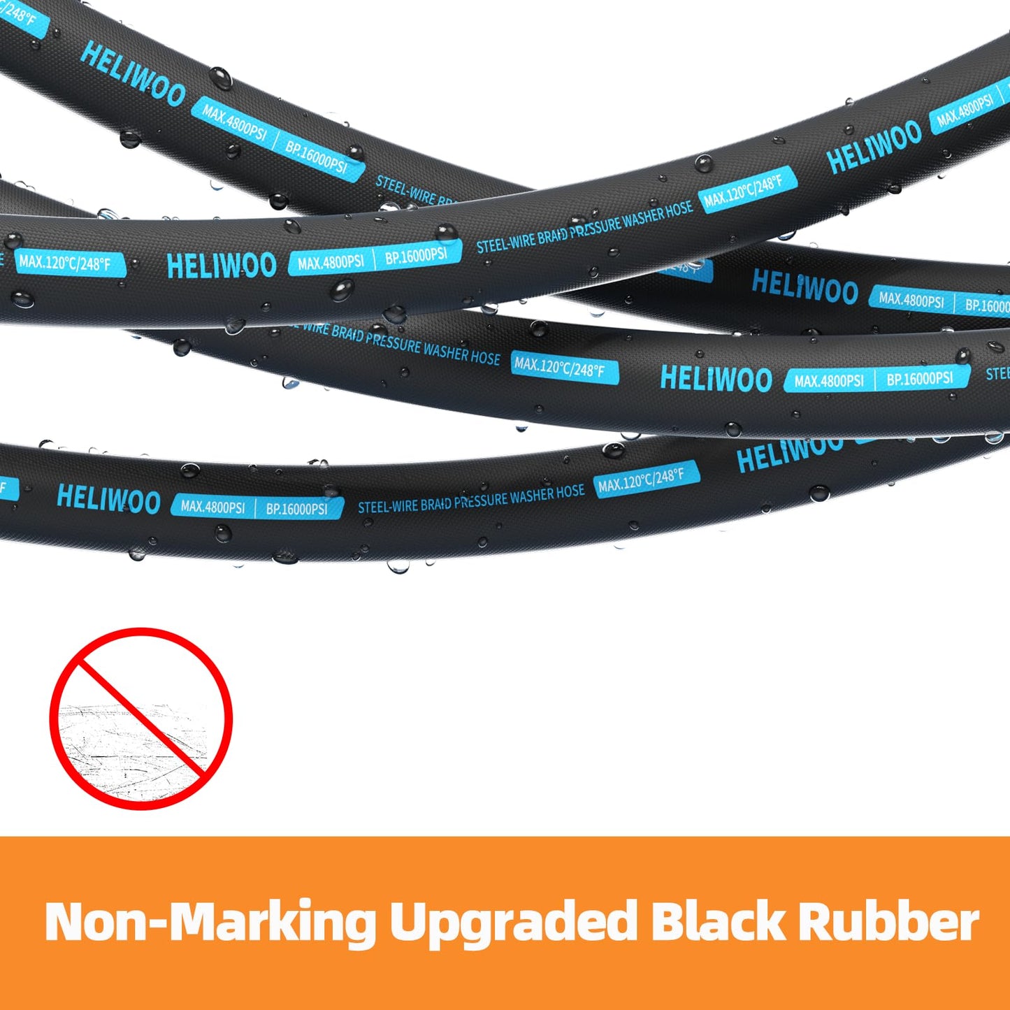 Heliwoo 4800 PSI Pressure Washer Hose 50FT, 3/8'' Steel Wire Braided Kink Resistant Power Washing Extension Hose for Cold & Hot Water Max 248°F, Qucik Connect Ends, Black and Blue