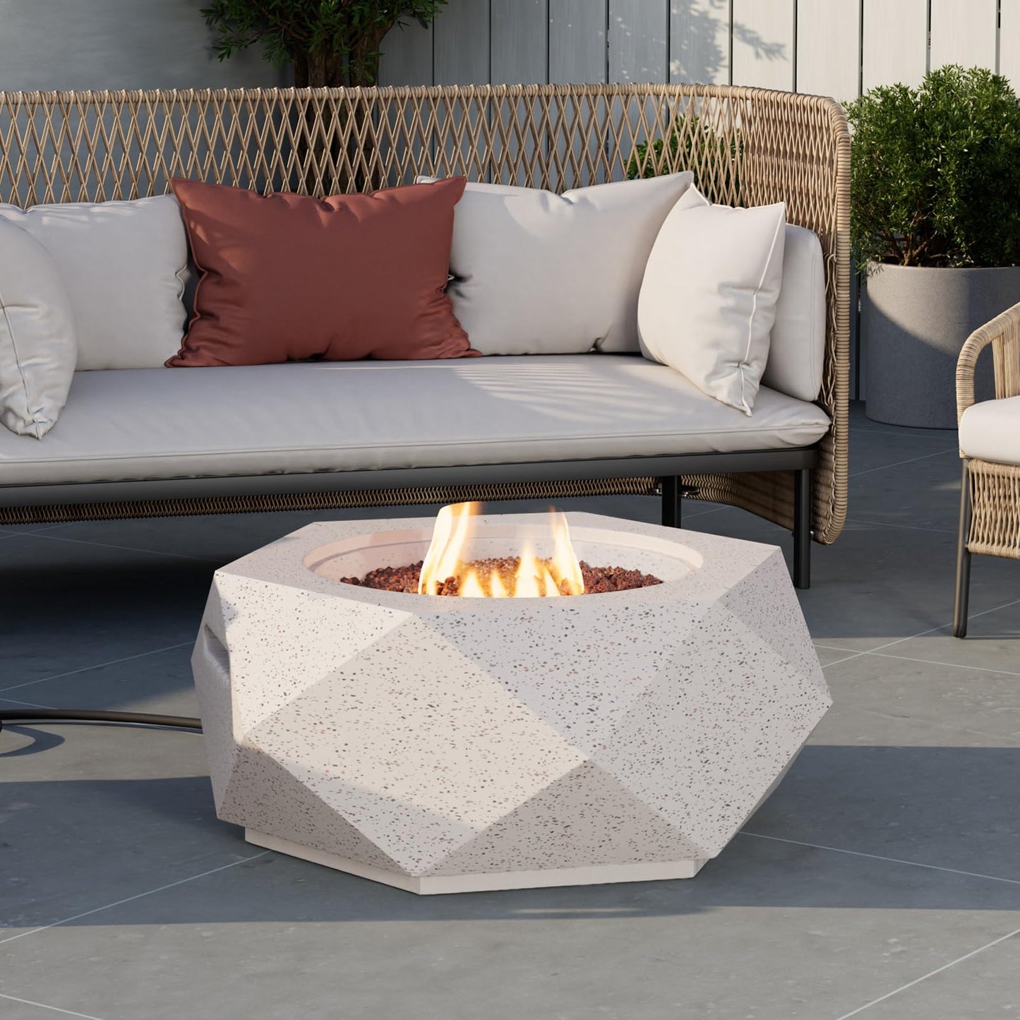 COSIEST Outdoor Propane Fire Pit Table w Terrazzo White Faux Stone 24-inch Hexagon Base, 40,000 BTU Stainless Steel Burner, Free Lava Rocks and Rain Cover
