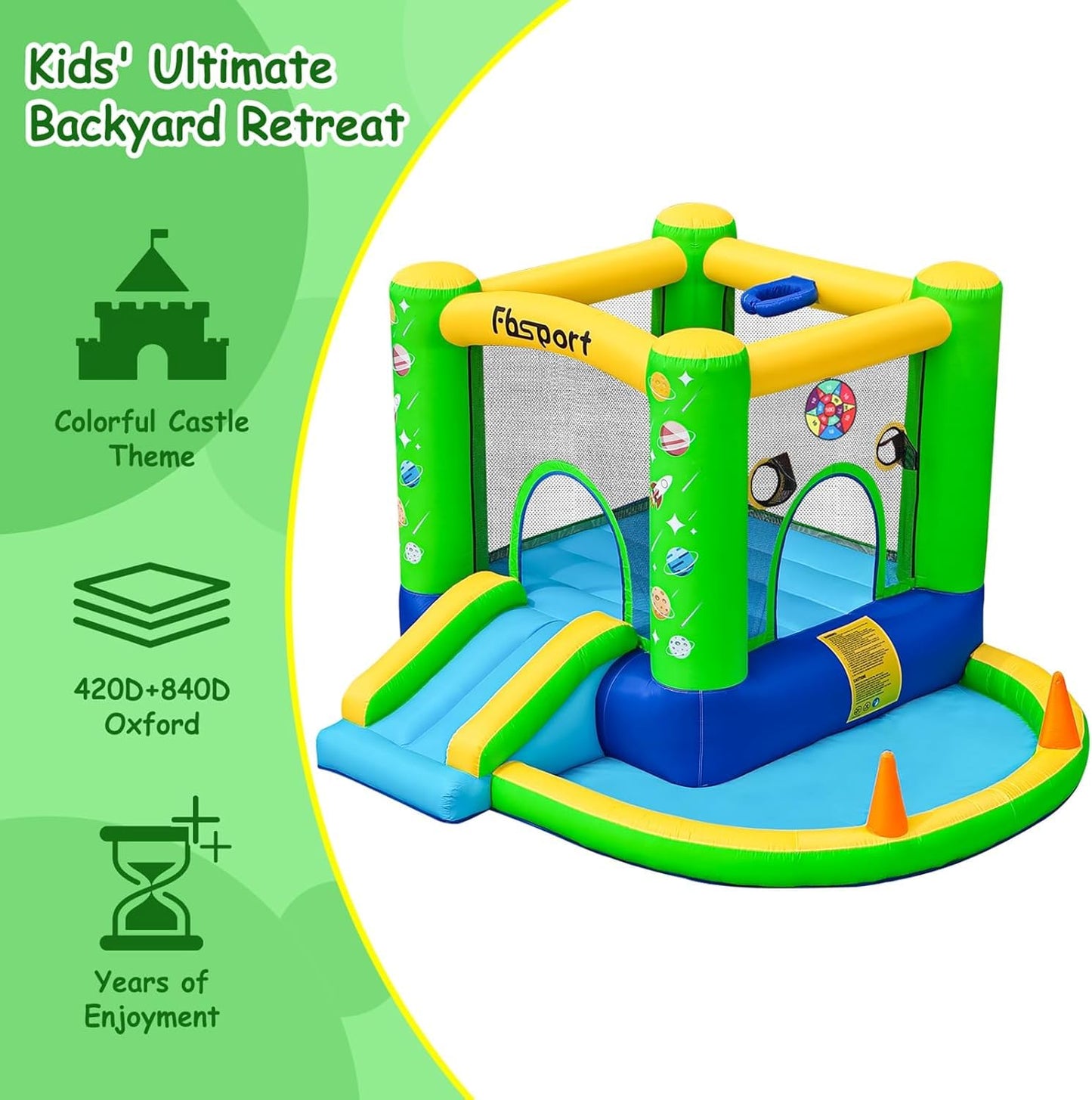 FBSPORT Inflatable Bounce House, Kids Bounce Castle Slide for Indoor Outdoor,Toddler Baby Jumper Bouncer, Kids Jumping Bouncy House with Blower, Ball Pit Pool, Basketball Hoop, Dart Game, Green