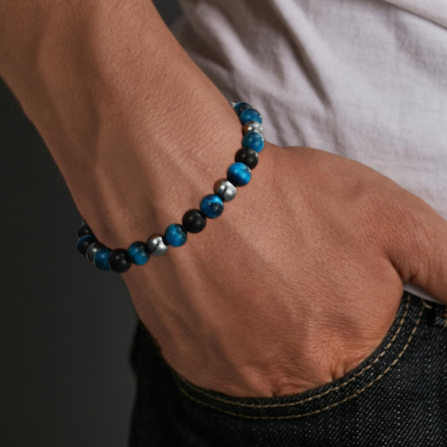 Gnamy Triple Protection Beaded Bracelet Bule Tiger Eye Hematite Bracelets Black Obsidian Bracelets Birthday Anniversary Valentines Healing Jewelry Gifts for Husband Boyfriend Lover Man