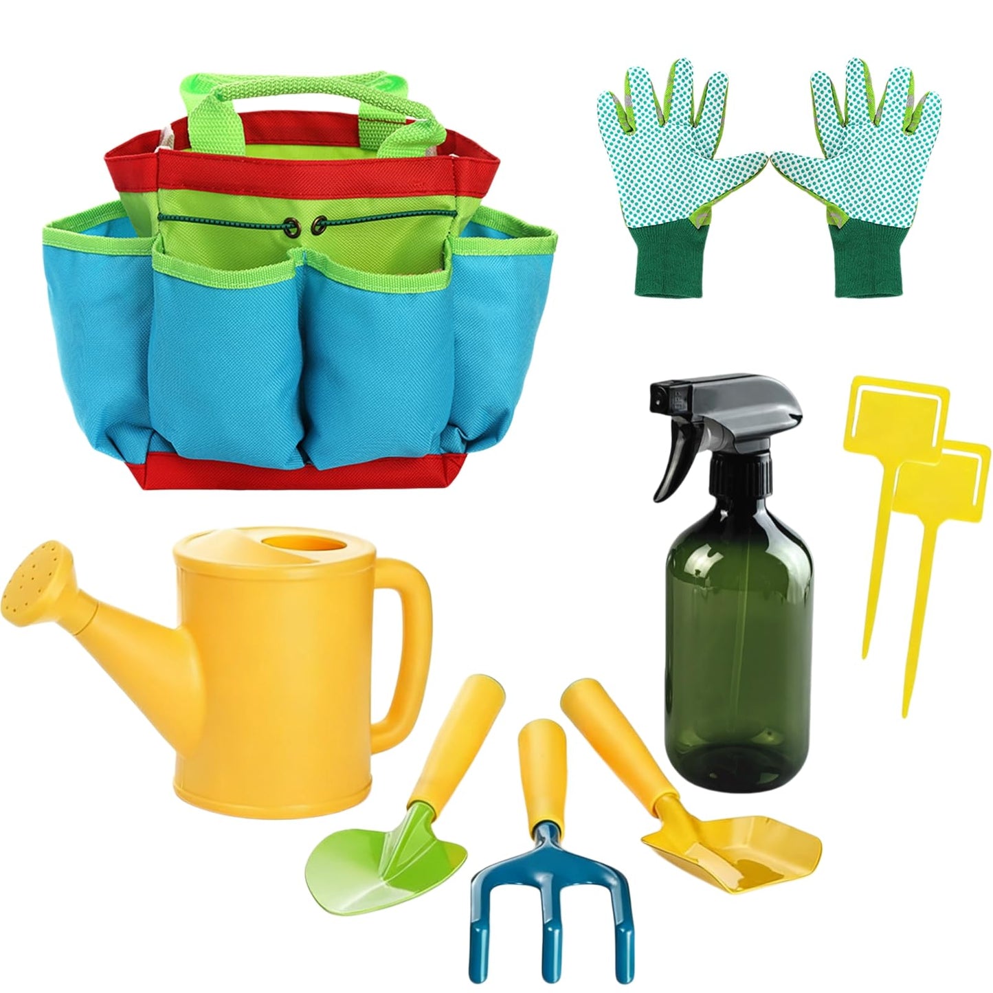 Cididu 8PCS Kids Garden Tools Set, Boys Girls Gardening Kit Tools Including Watering Can, Spray Bottle, Tote Bag, Trowel, Rake, Outdoor Garden Toy Gift for Beach