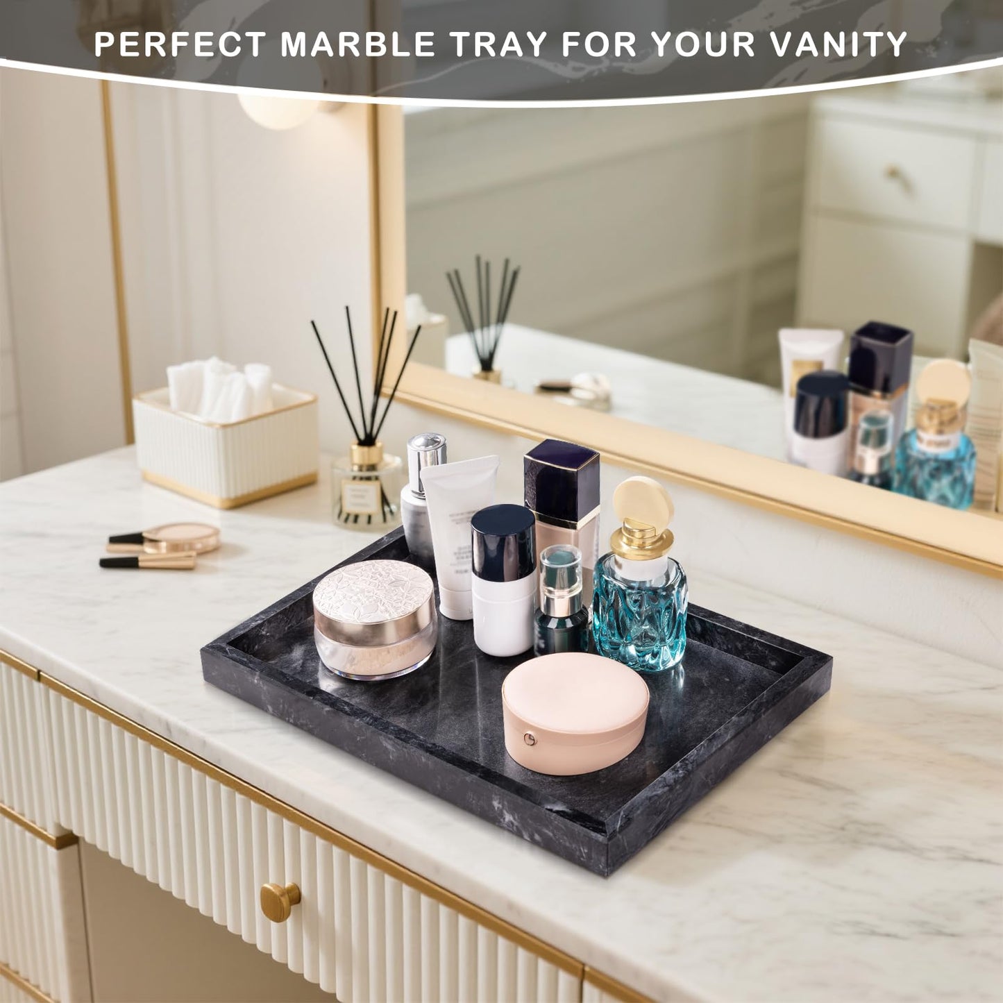 Homaura Marble Bathroom Tray for Countertop & Home Decor, Natural Decorative Marble Tray for Jewelry & Perfume Organizer, Luxury Stone Vanity Trays for Dresser, Kitchen Counter, 12" x 8", Gray Black
