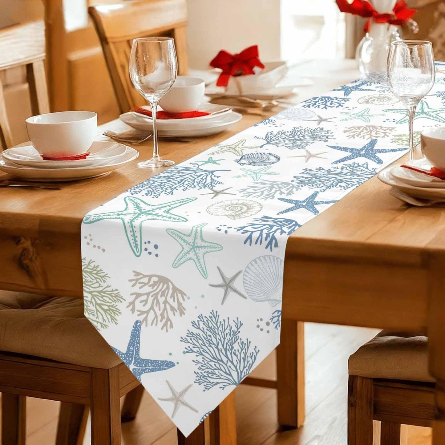 Beach Coastal Table Runner 36 Inches Long, Summer Nautical Dress Scarves, Ocean Starfish Coral Shell Kitchen Dining Table Decorations and Supplies Farmhouse Table Runners for Home Party Small 13"x36"