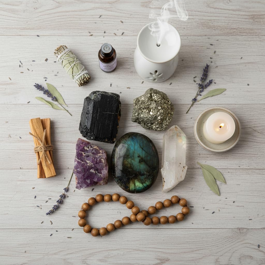 QianCannaor Crystals and Healing Stones Set for Anxiety, Relaxation Spiritual Crystals Gift for Meditation, Manifestation, Zen, Reiki, Fengshui (Protection & Abundance)