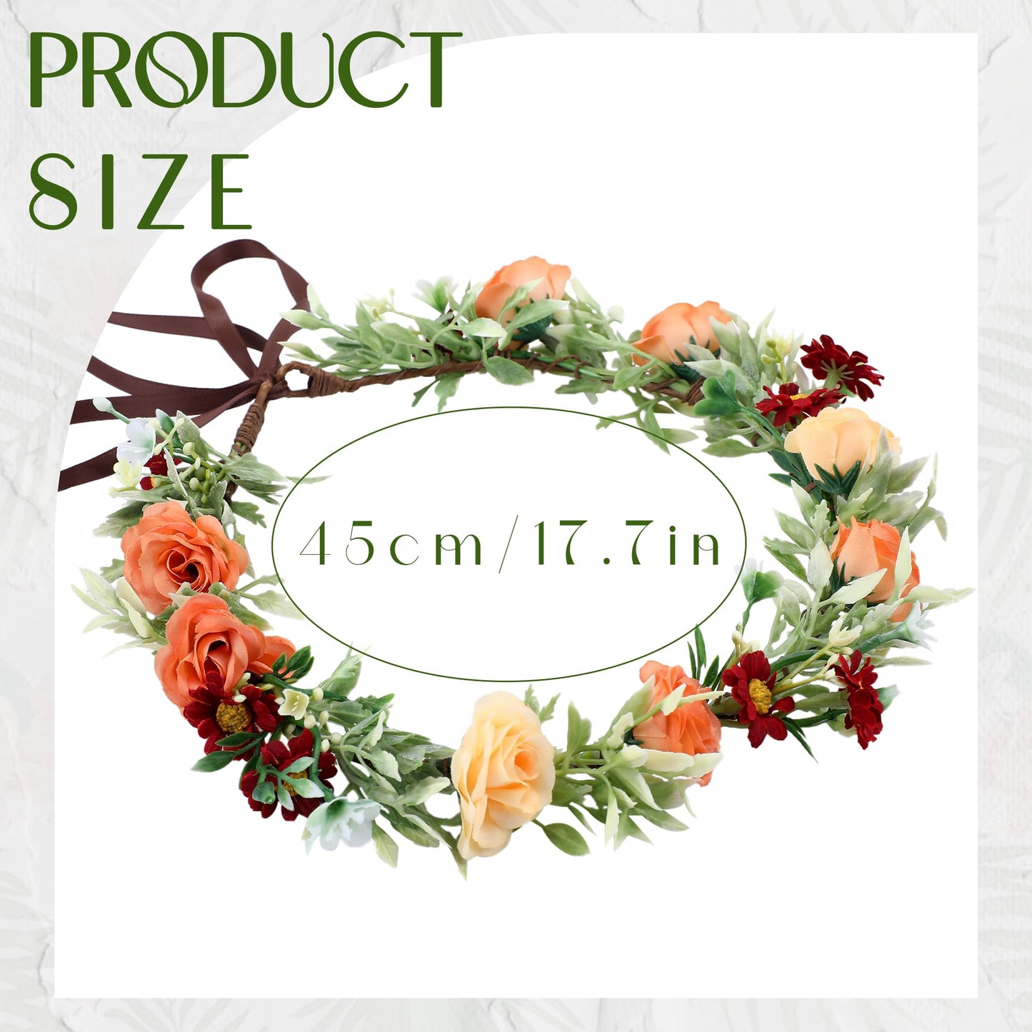 KorViSHOW Floral Crown Women Girls - Orange Boho Floral Headpiece with White Green Leaves Charming Fairy Flower Headband for Wedding Photo Shoot Festivals
