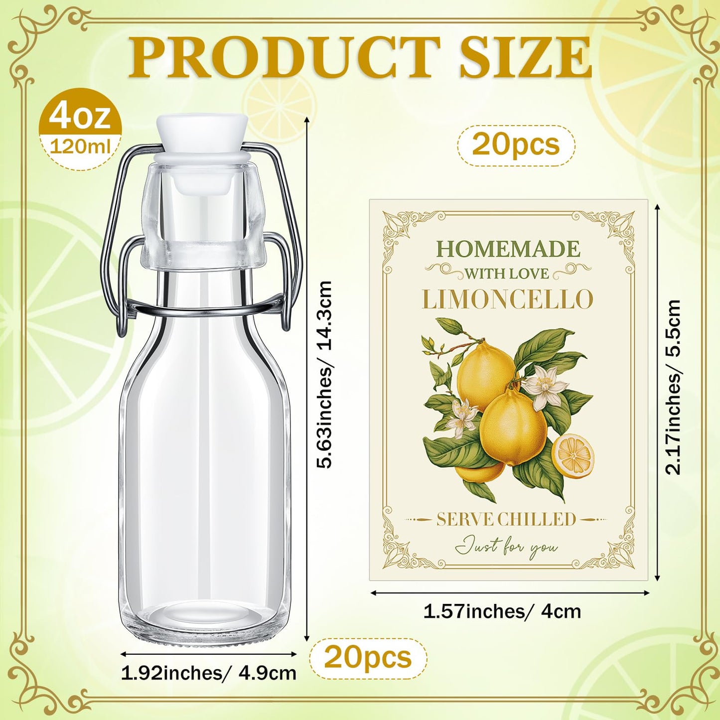 Havawish 20 Sets 4 oz Limoncello Bottles Swing Top Glass Bottles for Homemade Clear Flip Top Mini Limoncello Bottle with Labels Airtight Cap Lids for Home Brewing Gifts Wedding Baby Shower Favors