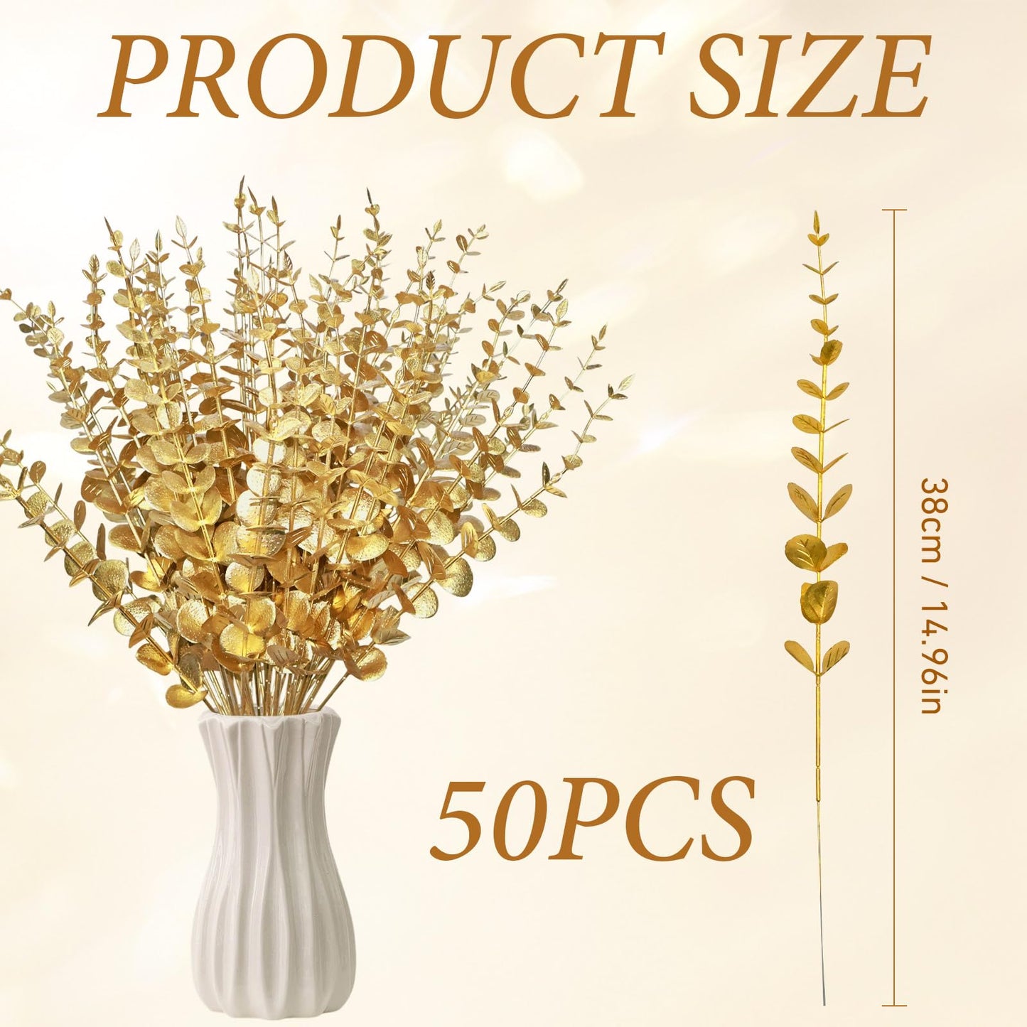 ABYCZFCD 50 Pcs Gold Flowers Gold Eucalyptus Leaves Stems 15'' Faux Eucalyptus Leaves Decor Fake for Wedding Party Bouquet House Home Farmhouse Vase DIY Craft