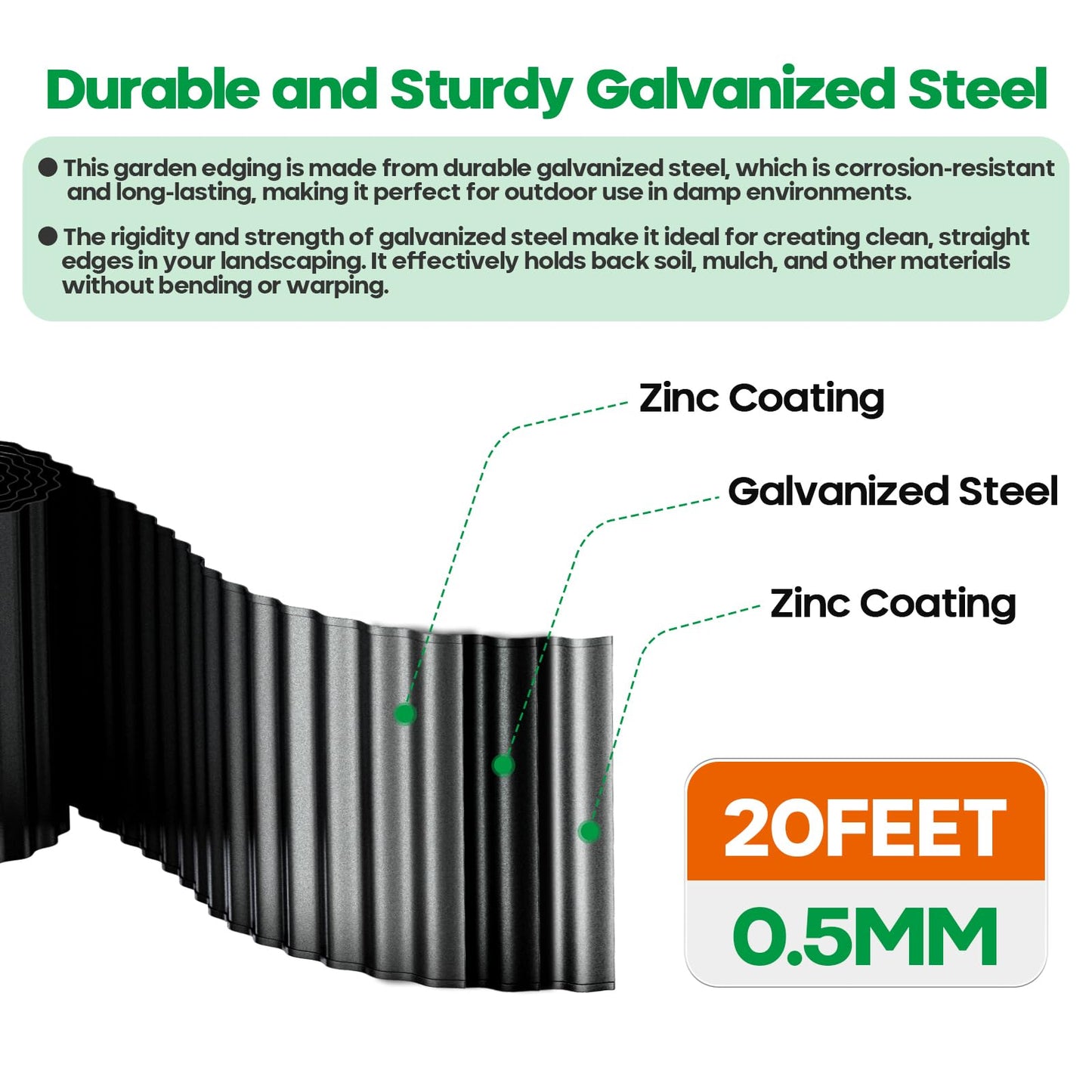 Camitlli Corrugated Metal Garden Edging,Sturdy Tall Landscape Edging Borders with 6pcs Anchor Stakes, Perfect DIY for Flower Beds, Lawn and Pathway,Tree Surrounds,Paver Edges (Black 8"×20FT)