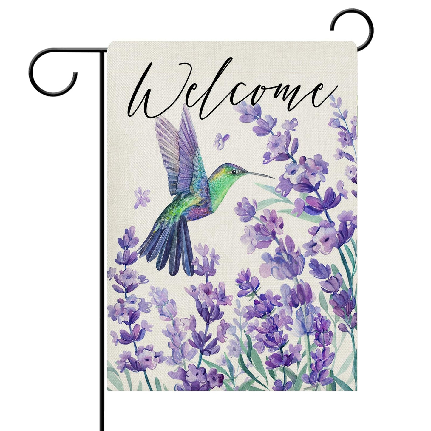 Dyrenson Welcome Spring Summer Hummingbird Lavender Decorative Garden Flag, Purple Flower Floral Yard Outside Home Decorations, Seasonal Burlap Outdoor Small Decor Double Sided 12 x 18