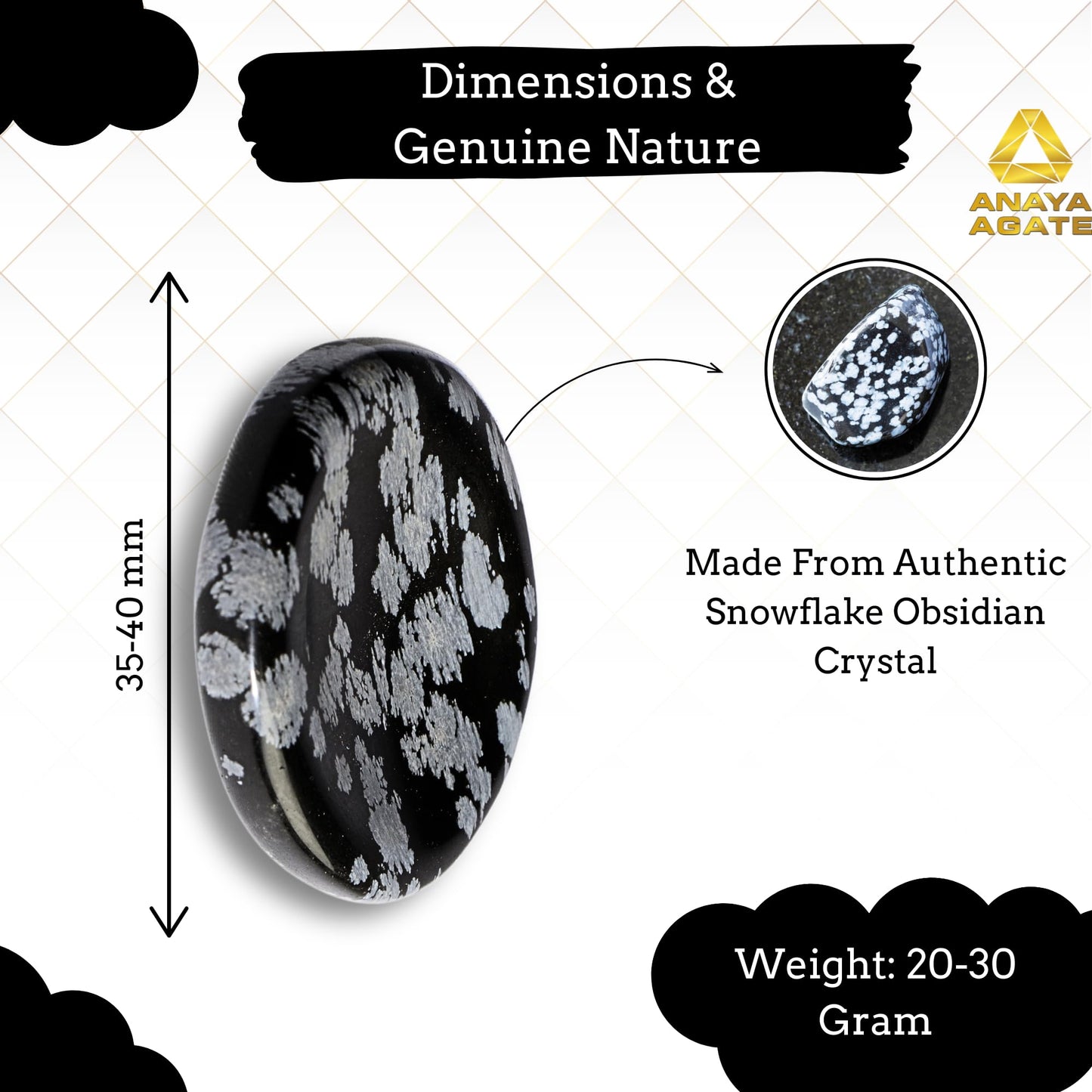 Anaya Agate Snowflake Obsidian Worry Stones Certified Crystal Thumb Worry Stone for Anguish Relaxing and Soothing Balance Stones for Meditation, Stress Relief Crystals and Healing Stones for Men Women