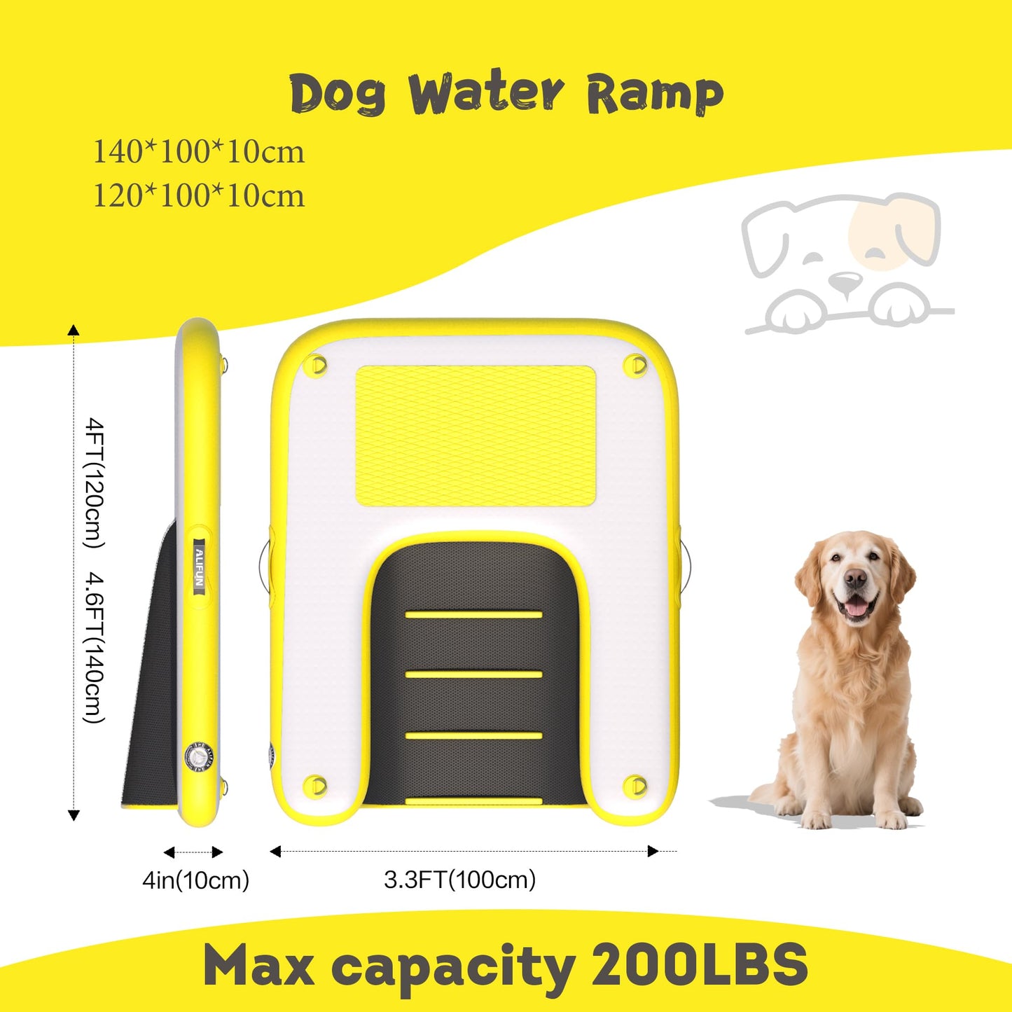 ALIFUN Inflatable Dog Ramp For Boat, Large Dog Water Ramp with Manual Pump, Non-Slip EVA Durable Floating Dock Ladder Up to 90 LBs, Pup Plank for Swimming Pool, Boat, Lake & Ocean (55"L x 39"W x 4"H)