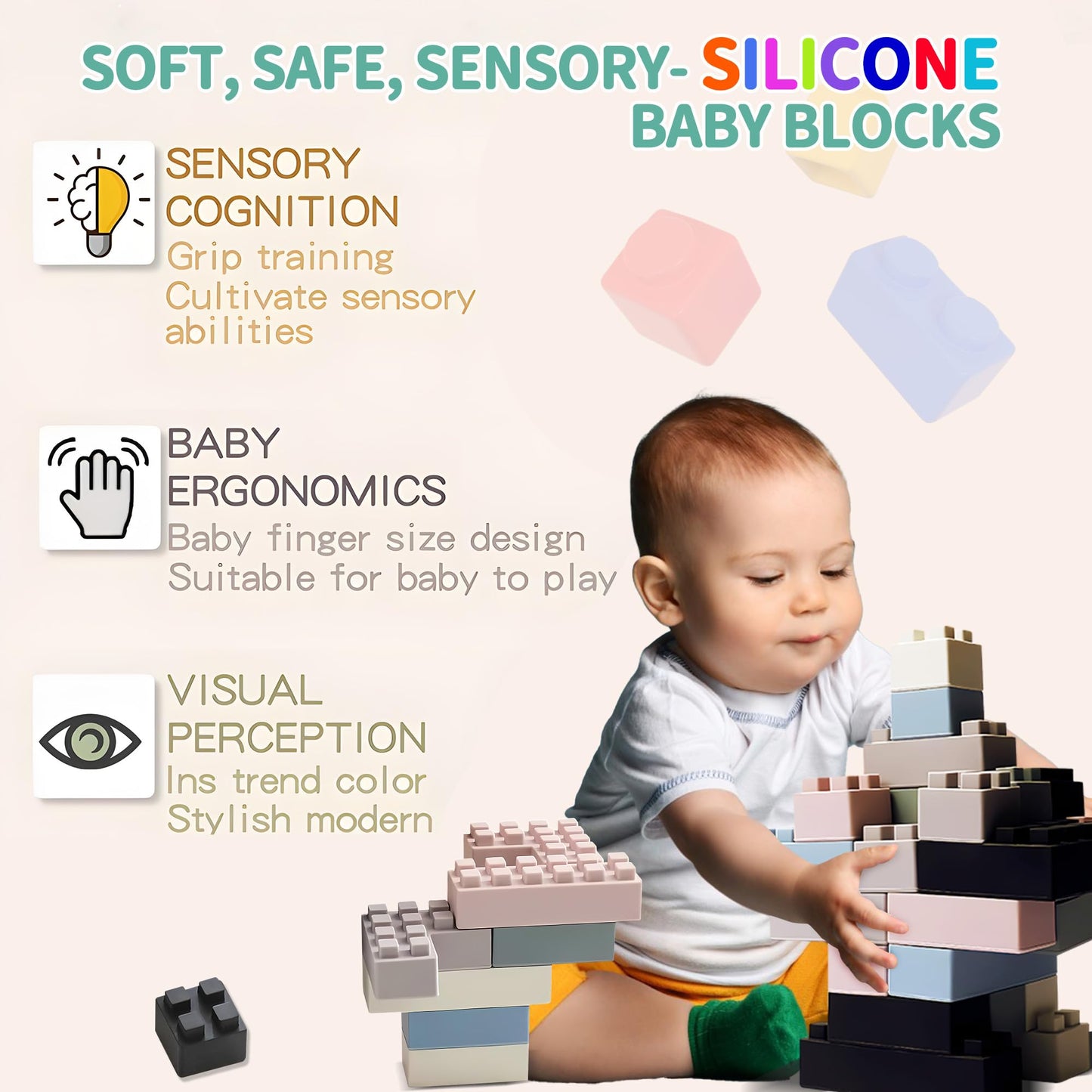 Silicone Blocks 24PCS + Sensory Balls for Toddlers 1-3, Soft Montessori Baby Blocks, Large Sensory Stacking Toys for Preschool Learning, Baby Rattle Ball Teething Set, Infant Sensory Toys 6-12 Months