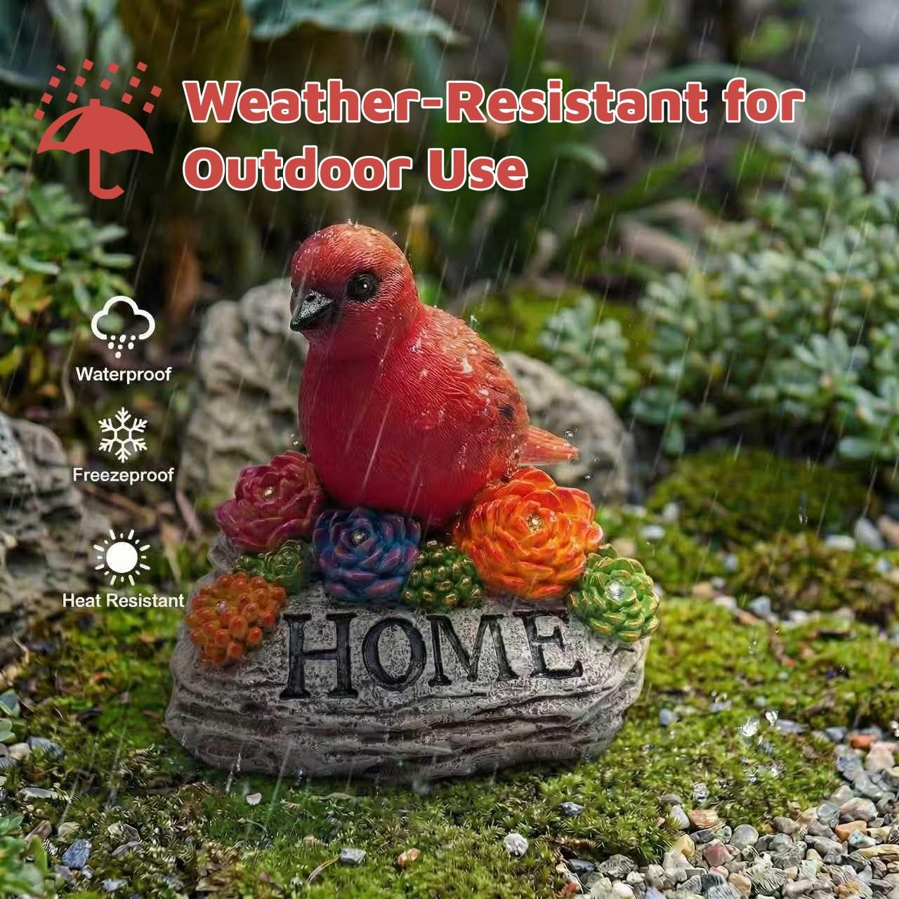 DECOUE Solar Garden Statue with Bird & “Home” Sign, Solar Bird Light Outdoor Decor with Warm LED Glow, Garden Decor for Outside Yard Patio Walkway, Decorative Garden Statue with Succulent Accents