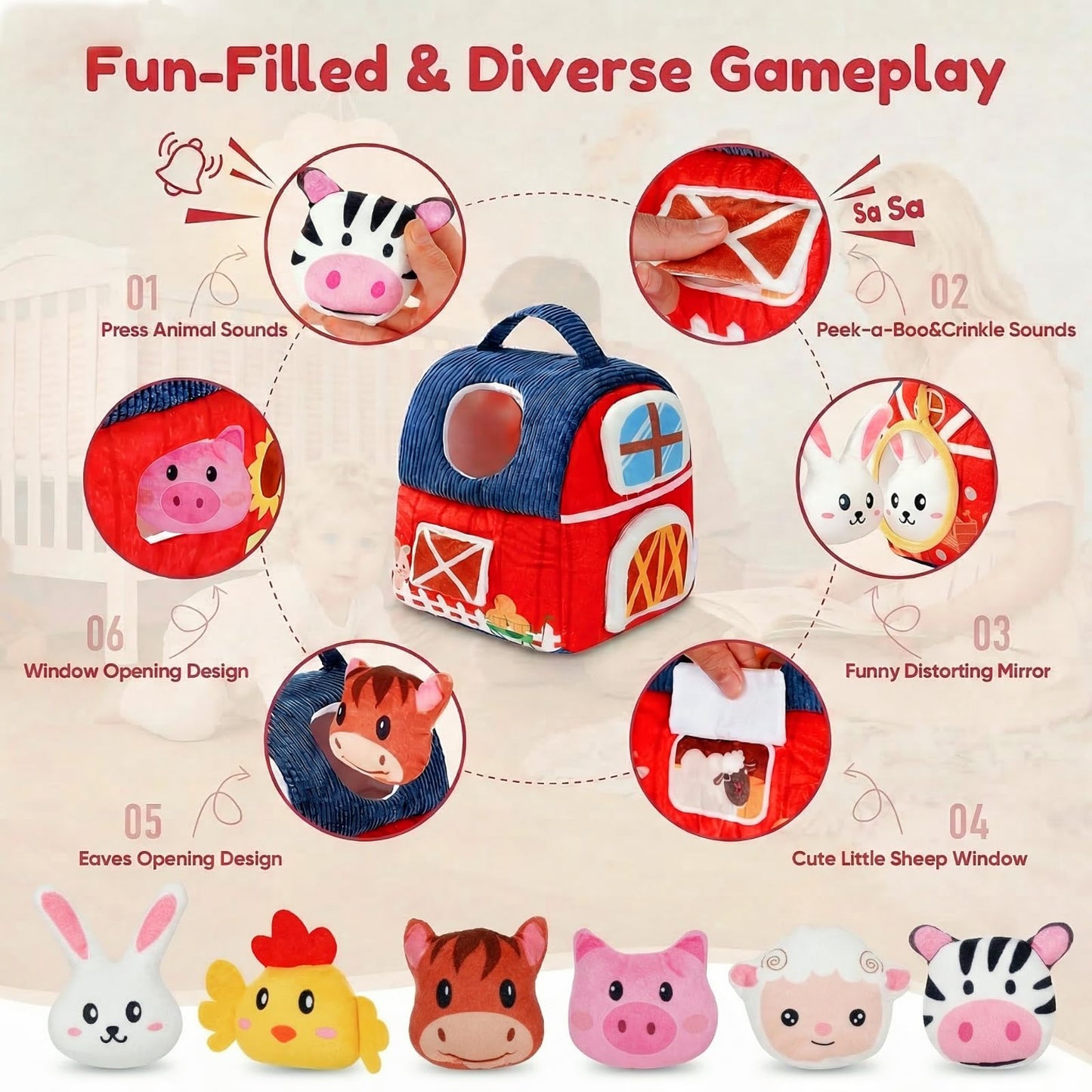 Baby Soft Toys 6-12 Months - Surprise Barn Stuffed Farm Animals House for Toddlers 1-3, Montessori Sensory Plush Toys for Infants, Rattle, Crinkle, Baby Learning Plush Toys for Babies Tummy Time