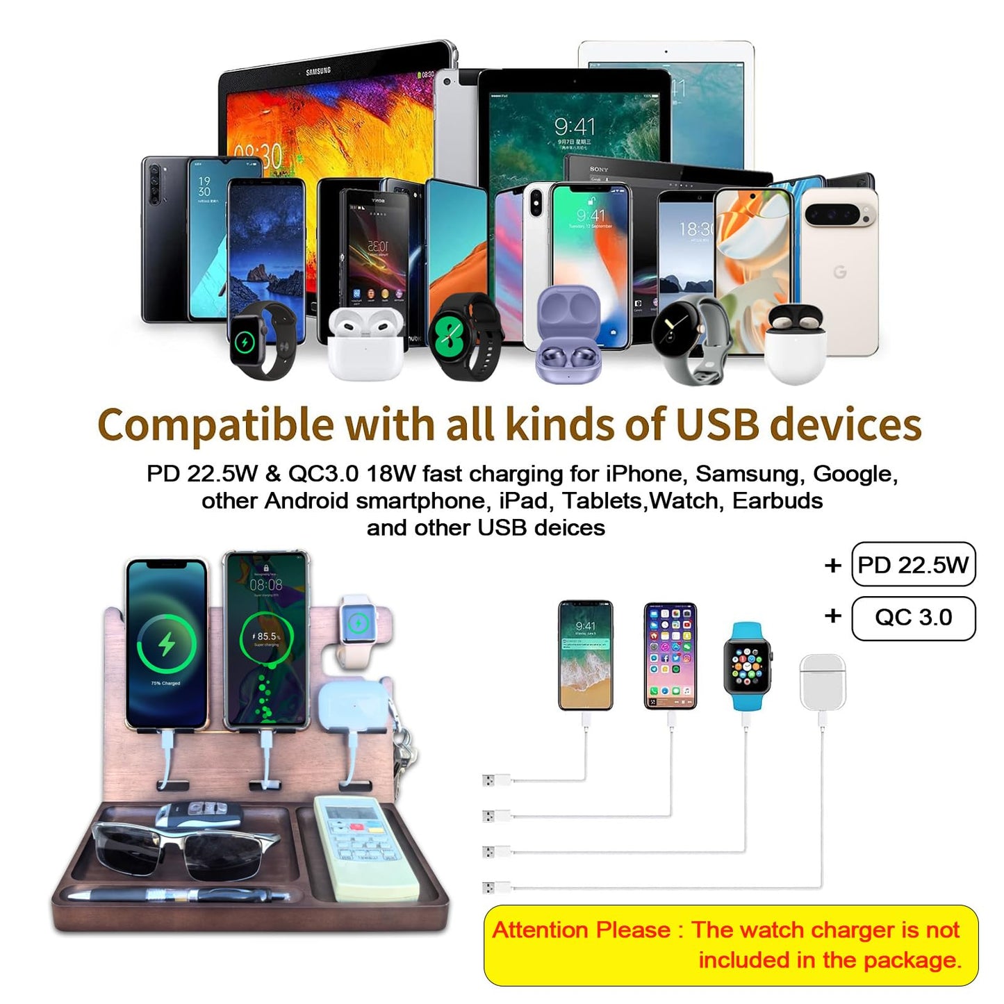 Xunhomon Wood Phone Docking Station Nightstand Organizer Charging Station with QC 3.0 & PD22.5W Fast Charger for iPhone Samsung Android Watch Airpod Anniversary Birthday Gifts for Men