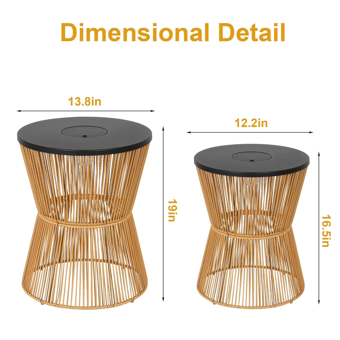 HMVPL Solar Outdoor Side Table with Dimmable Light, Patio Side Tables for Outside, Round Outdoor End Tables Set of 2, Plastic Rattan Patio End Accent Table for Poolside Backyard Gazebo, Dusk to Dawn
