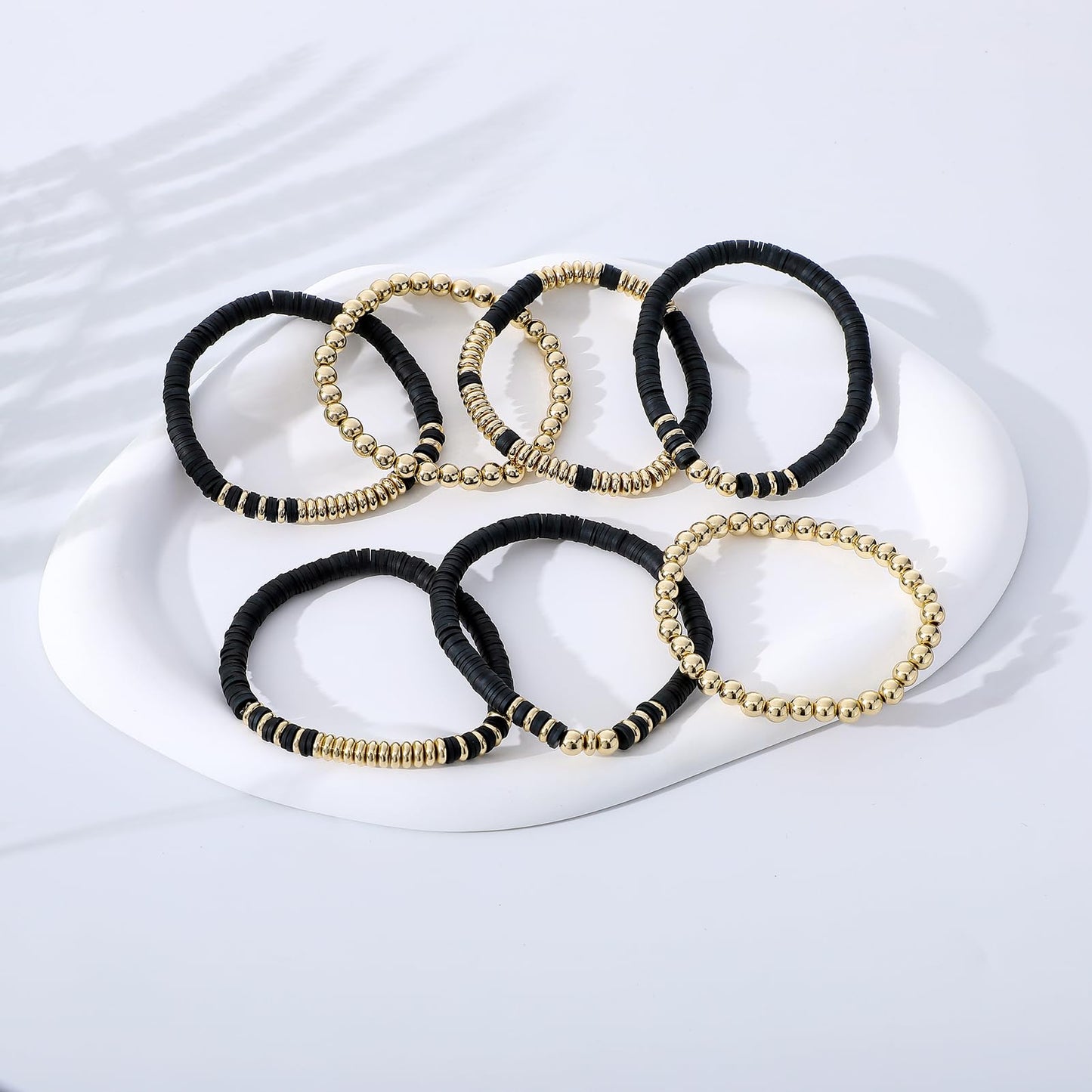 GOOJIDS Surfer Heishi Clay Bead Bracelets for Women Bohemian Stackable Gold Plated Beaded Stretch Bracelets Elastic Layering Friendship Bracelets Set Boho Jewelry