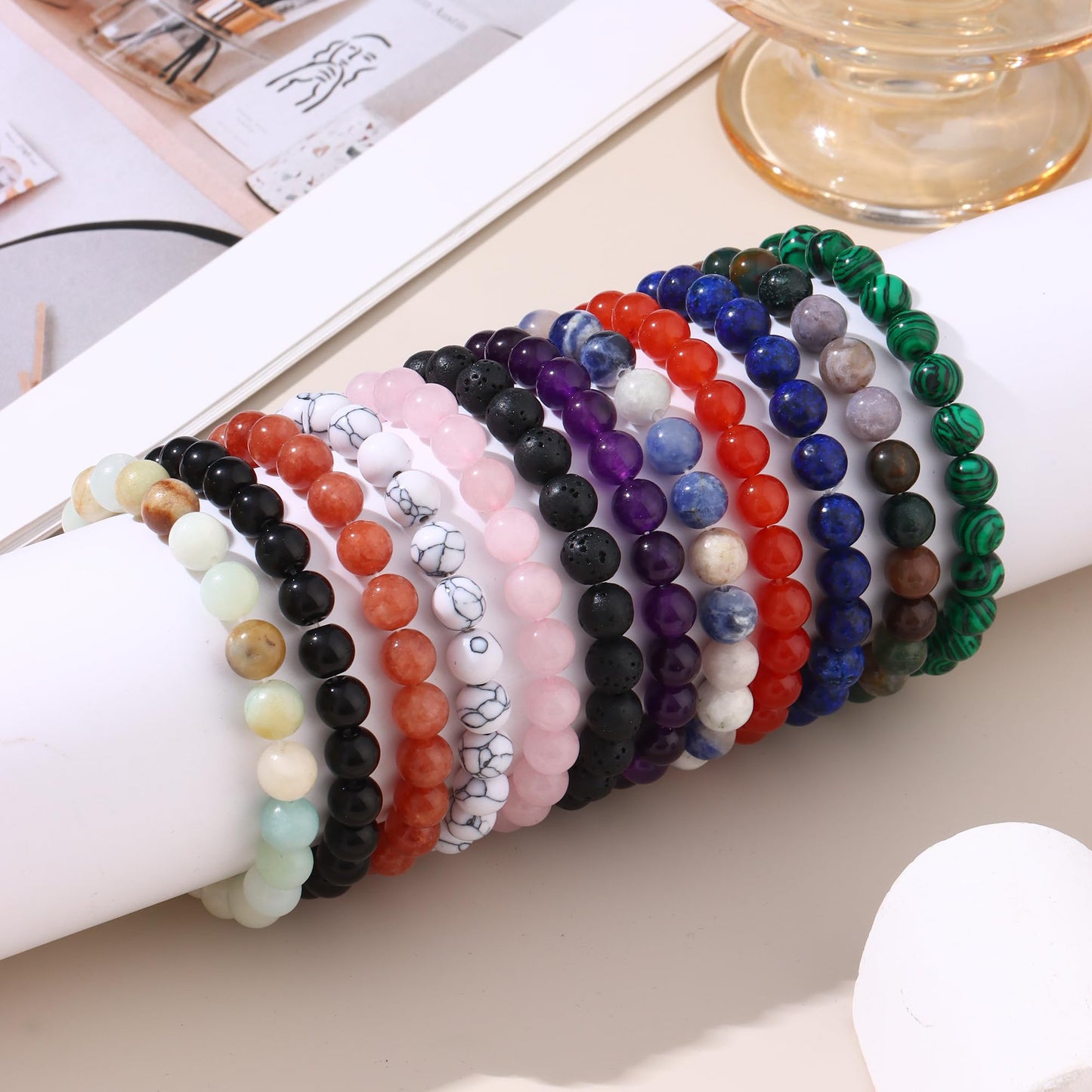 WAINIS 12PCS 8mm Natural Crystal Bracelets for Women Men Semi-Precious Gemstone Beaded Bracelets Round Beads Gemstones Stretch Yoga Bracelet Jewelry Gift